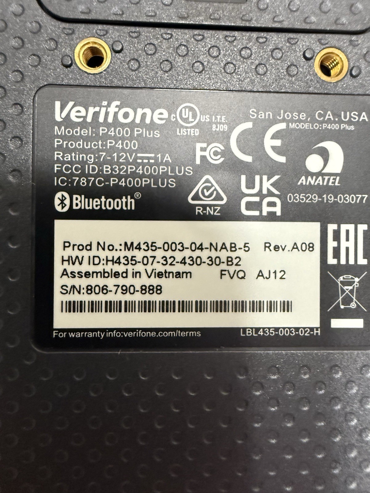 (2) VeriFone P400 Plus Credit Card Terminals (M435-003-04-NAB-5) With Cords
