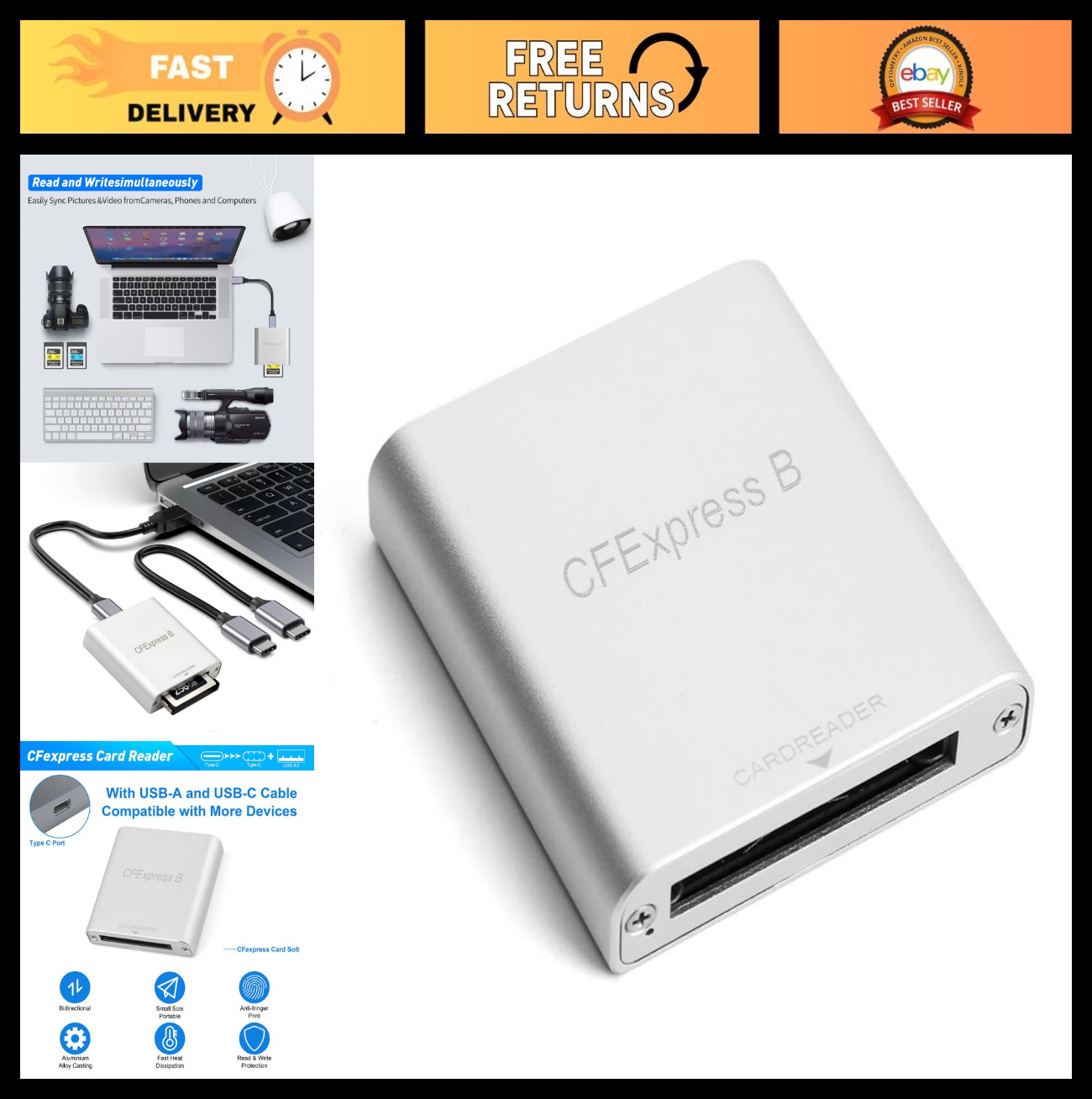USB 3.1 Gen 2 CF Express Type B Card Reader + USB C Data Cable, 10Gbps Speed