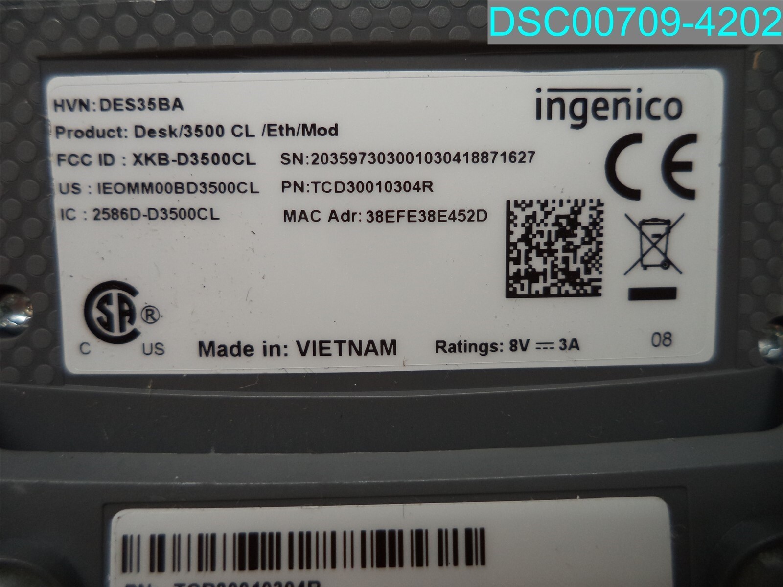 Used Item INGENICO DESK/3500 TCD30010304R