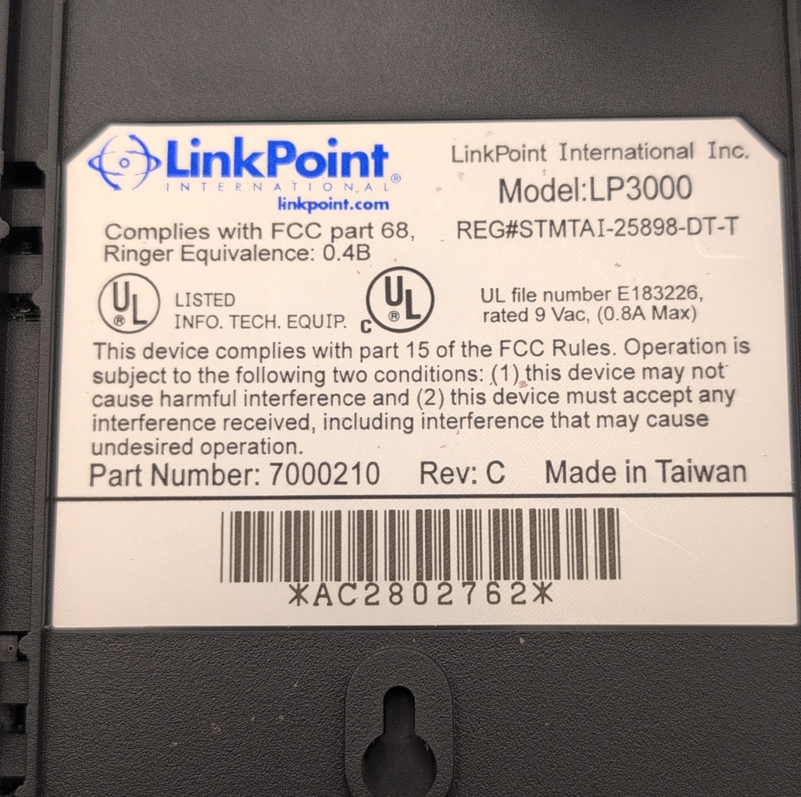 LinkPoint LP3000 Credit Card Terminal with Power Adapter, Part Number LP3000