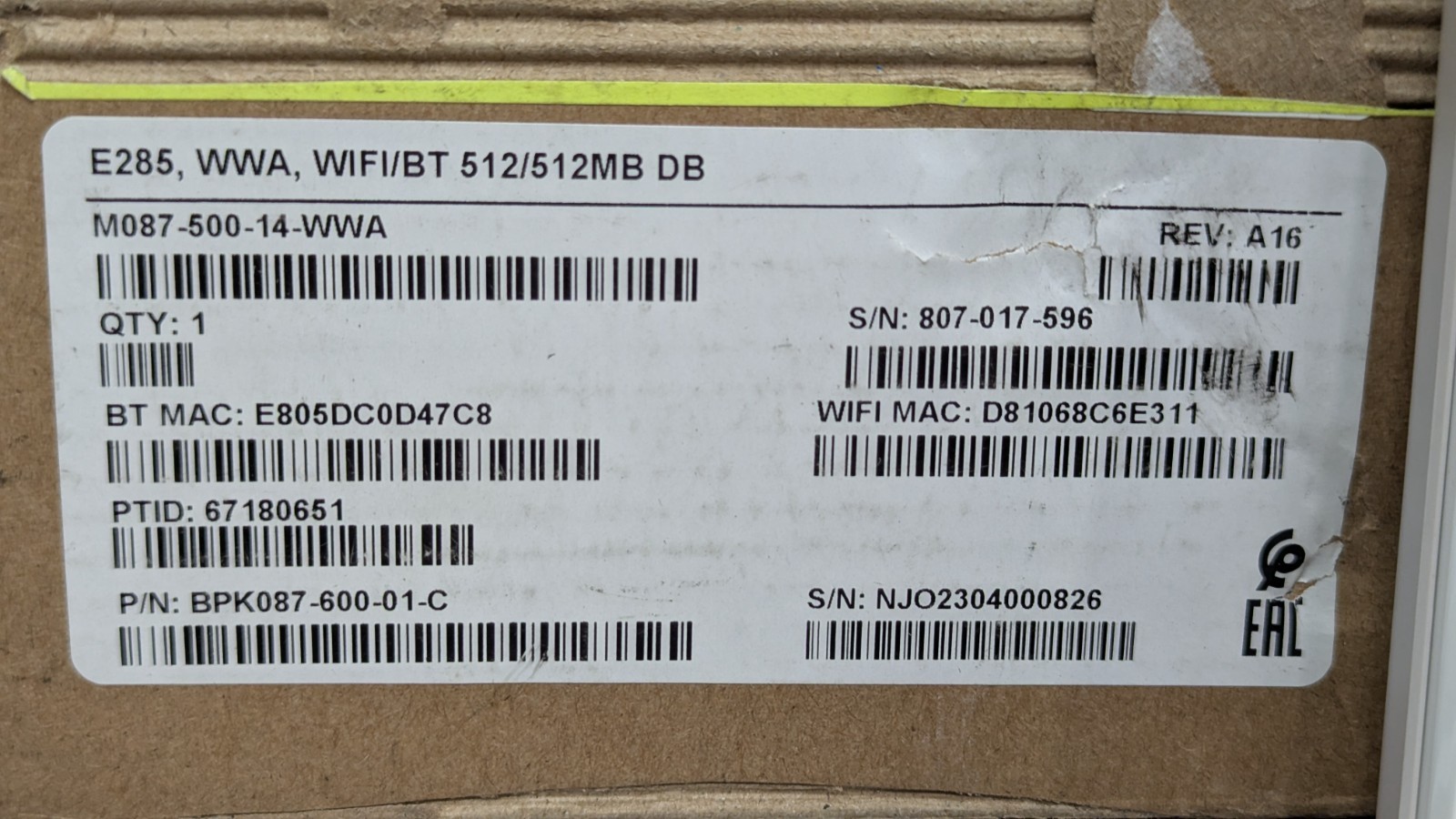 Verifone E285 M087-500-14-WWA Mobile Payment Device Wi-Fi/BT 512MB