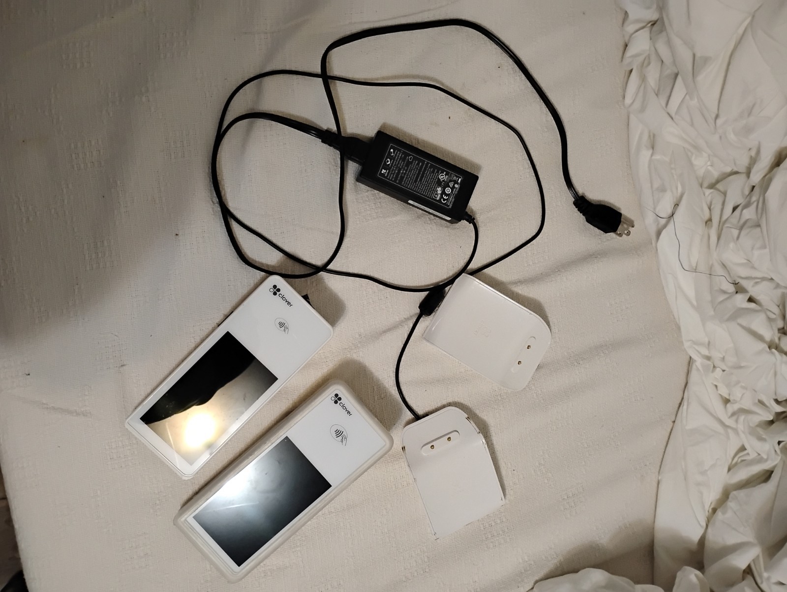 Clover Flex POS Credit Card Terminals Lot of 2 w/ Chargers & Charging Docks