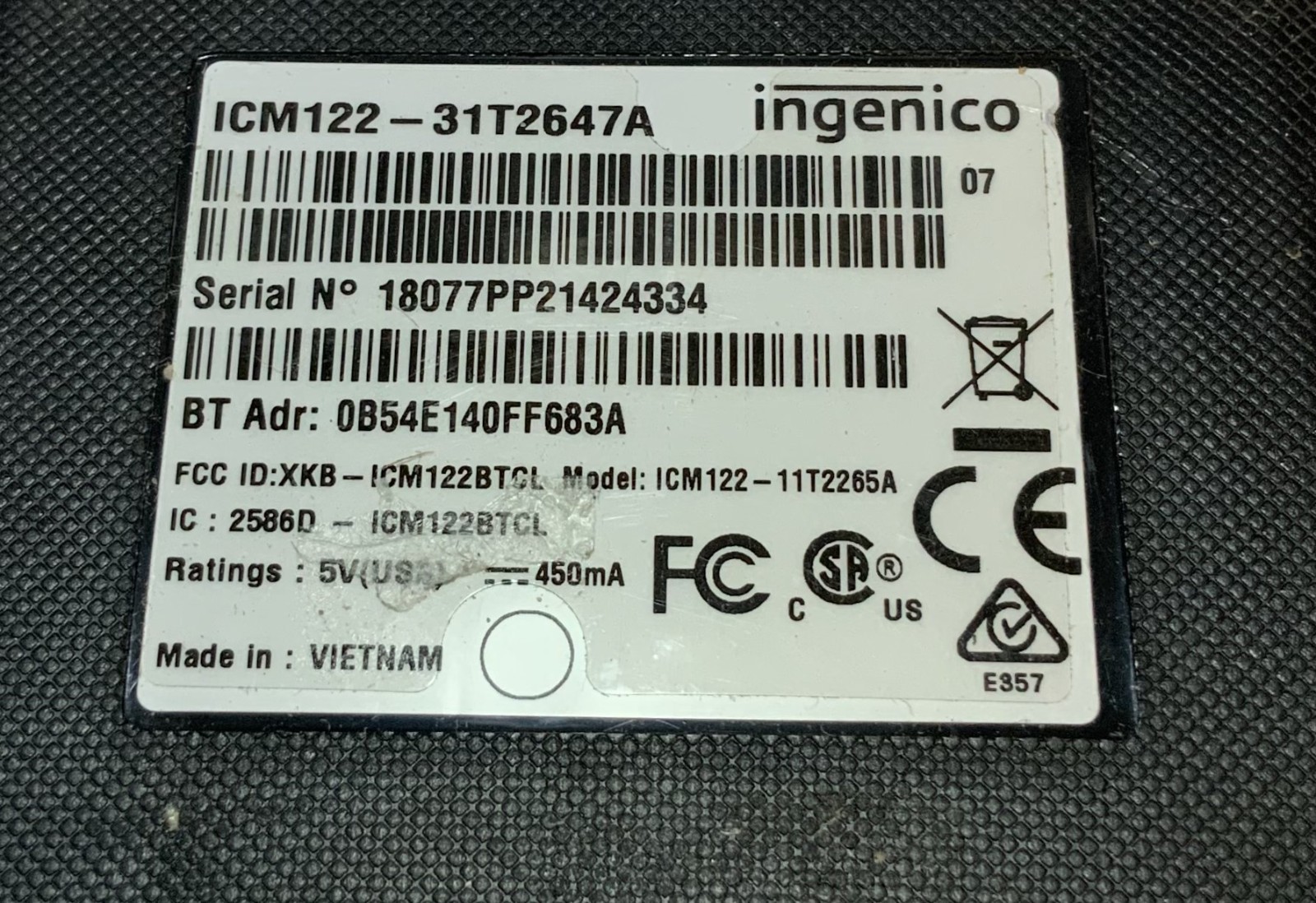 Ingenico ICM122-11T2265A Bluetooth Digital Mobile POS Payment Terminal “I1A”