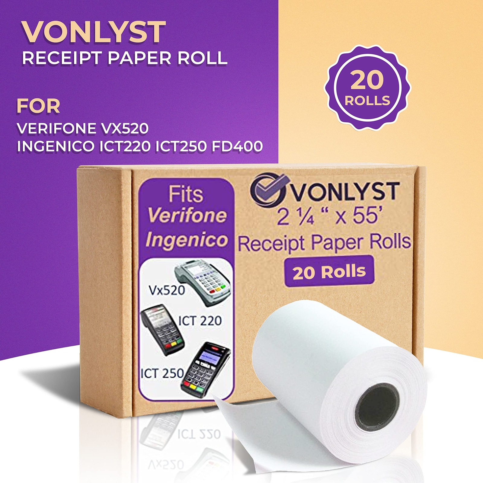 Vonlyst Thermal Paper Roll 2 1/4 x 55 Verifone Vx520 Ingenico ICT220 ICT250 F…