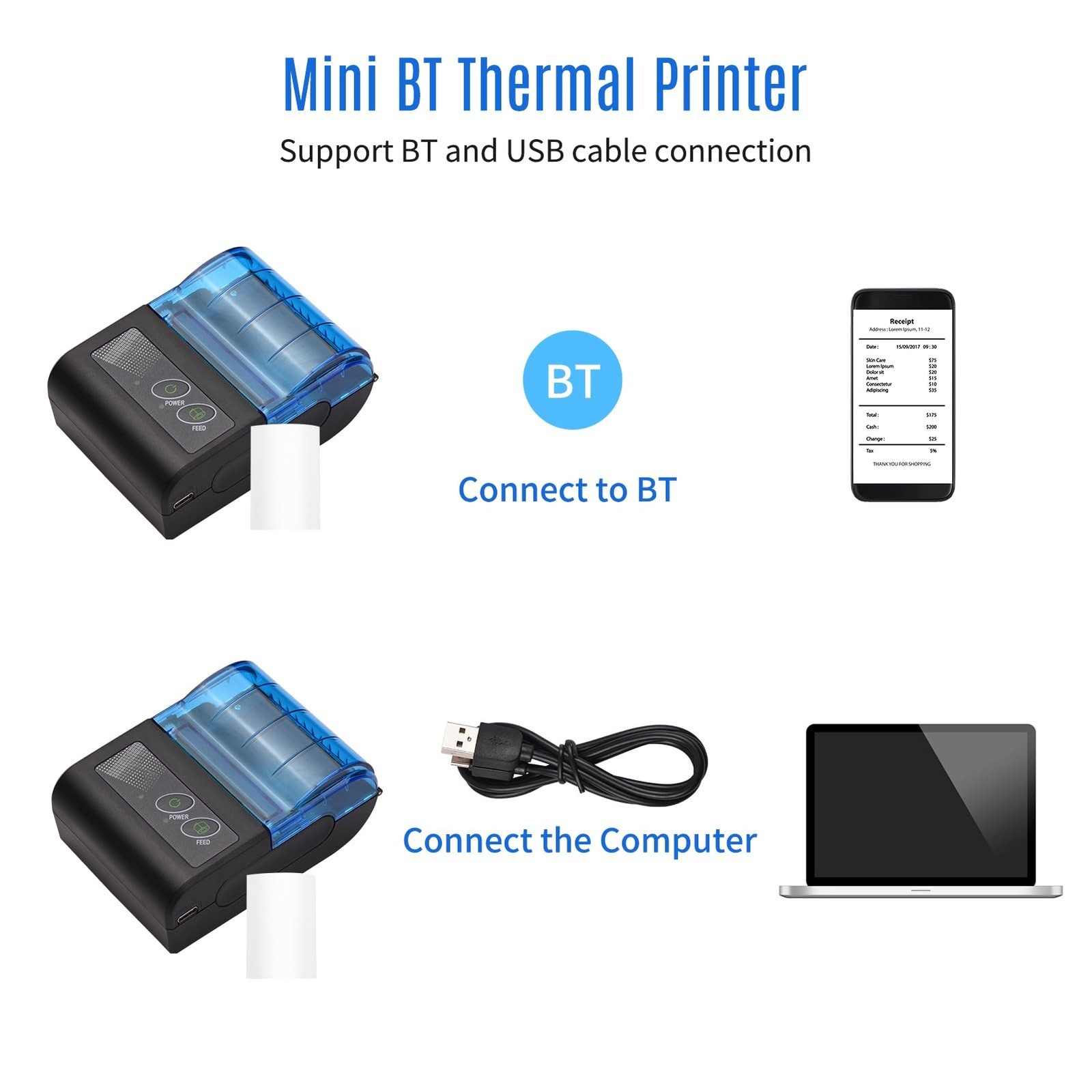 Portable Mini Thermal Printer,Thermal Receipt Printer 2 inch Wireless USB Rec…