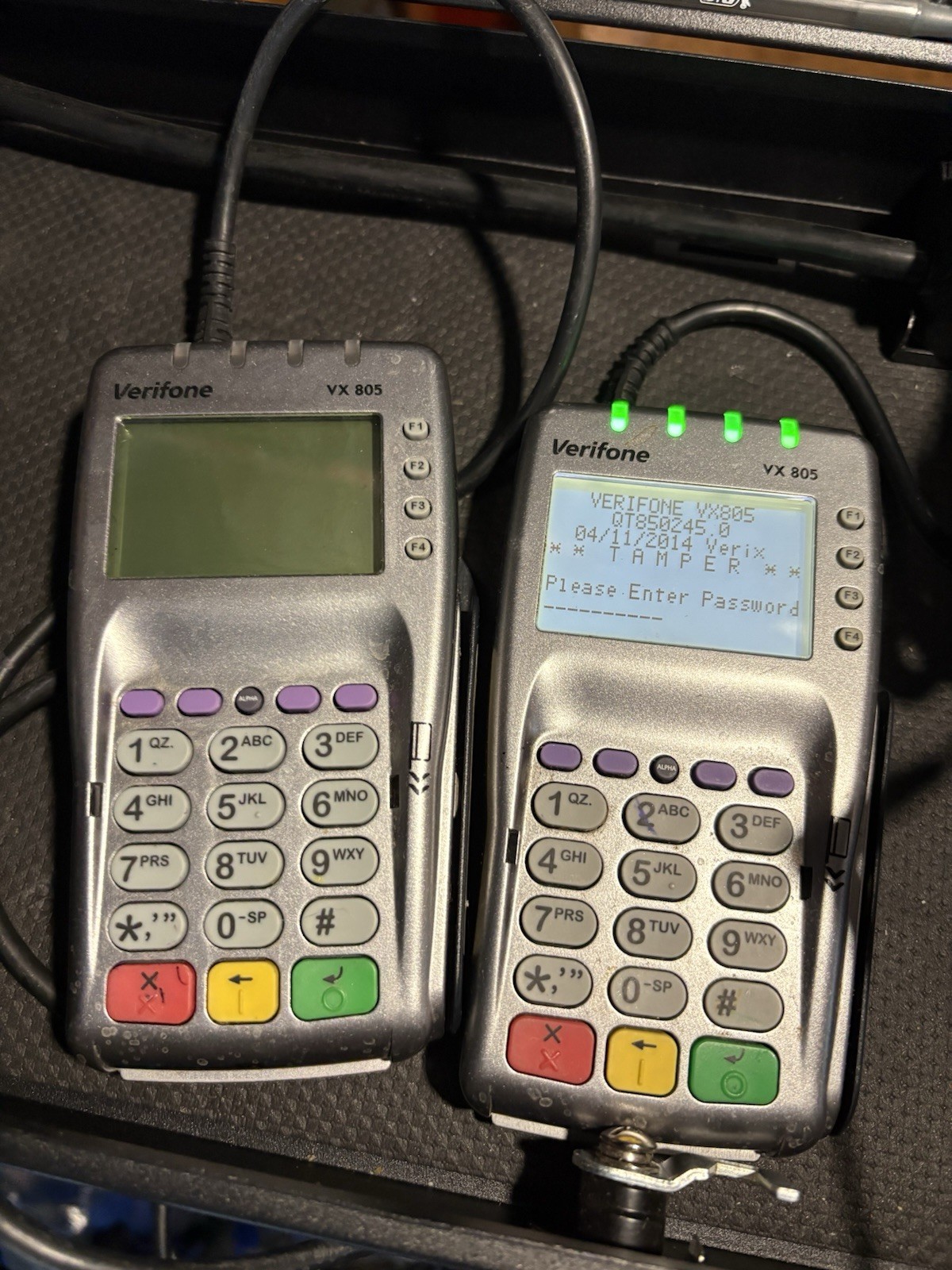 Lot of 3 Verifone VX 805 Credit Card Terminals – Power On – Password Locked