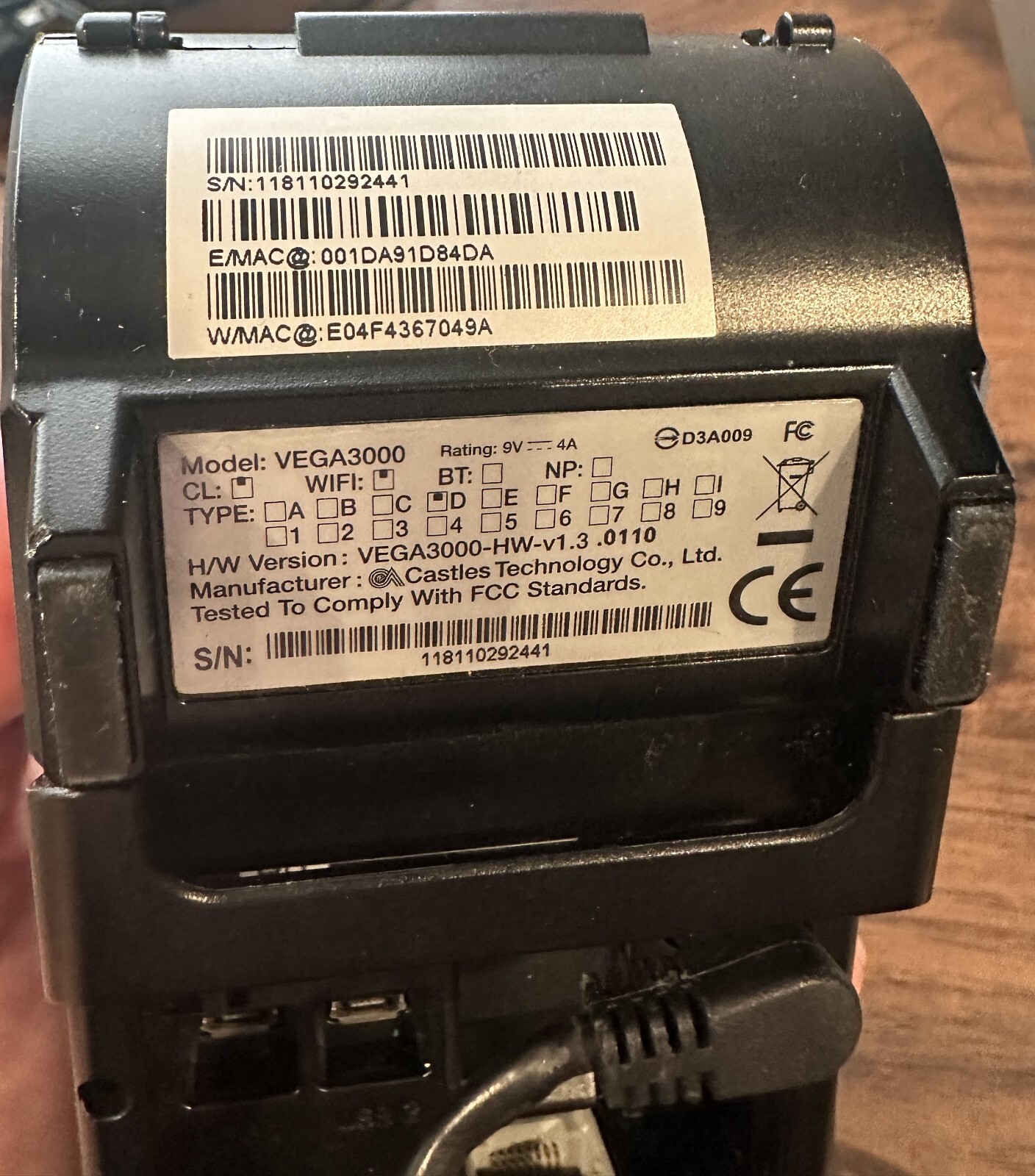 DEJAVOO Z11 VEGA3000 Credit and Debit Card Terminal with Power Supply