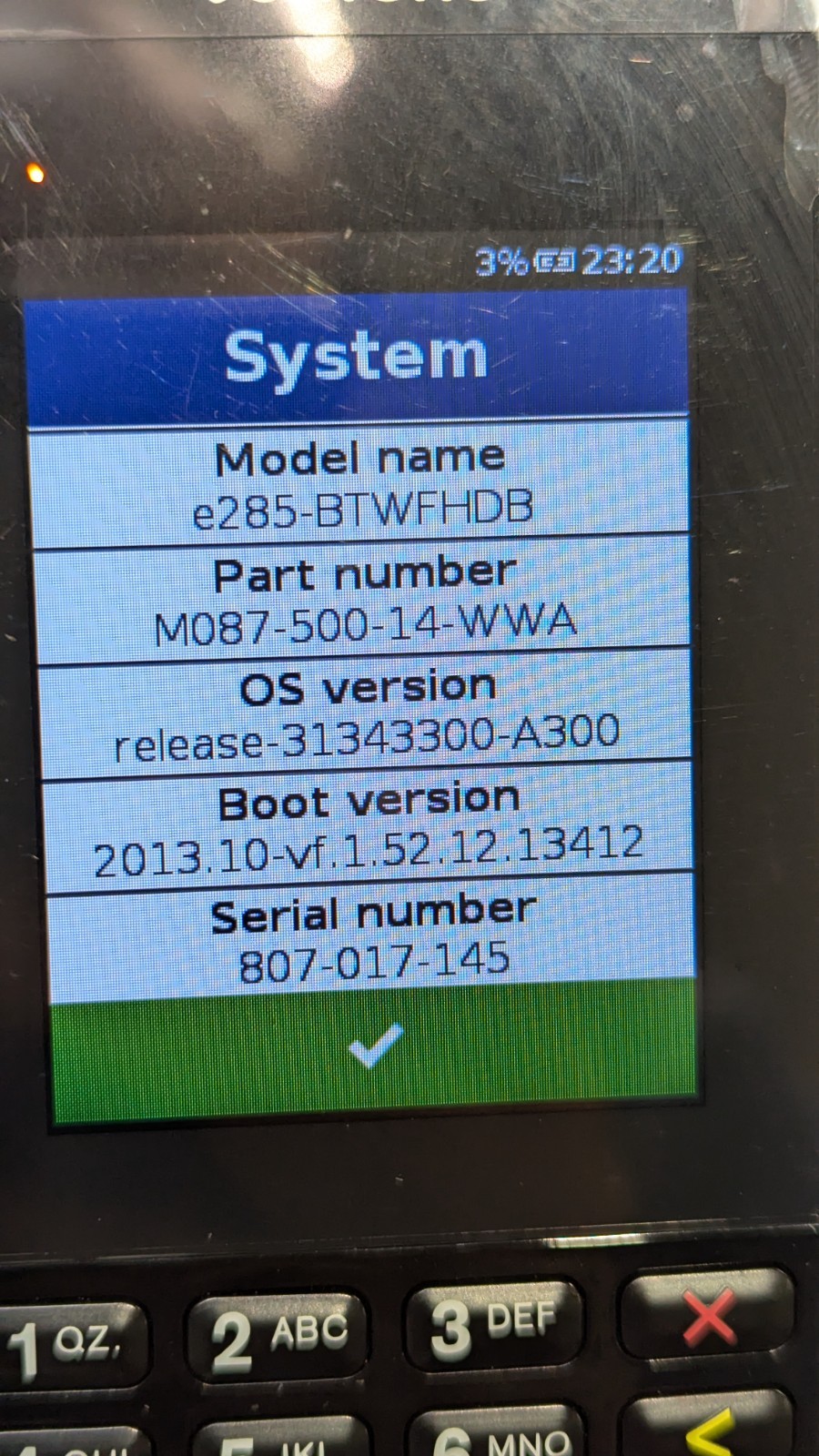 Verifone E285 M087-500-14-WWA Mobile Payment Device Wi-Fi/BT 512MB