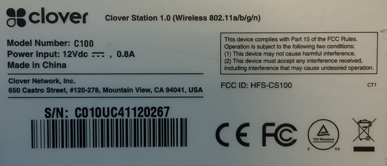 Clover C100 Station 1.0 12VDC 0.8A POS Tablet Touchscreen Terminal, White “U1D”