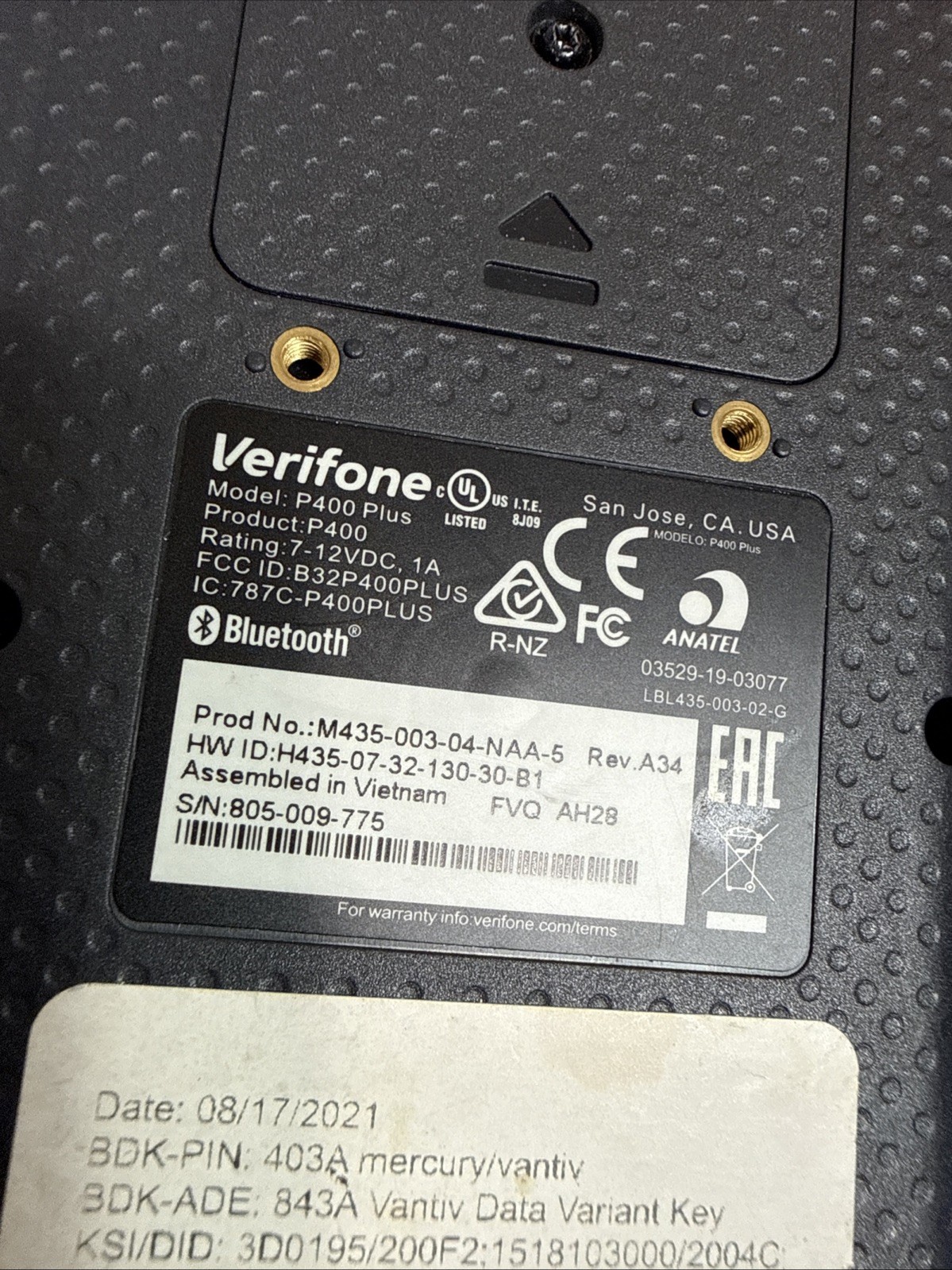 Verifone P400 Plus Credit Card Reader – POWERS ON / UNTESTED / SOLD AS IS!