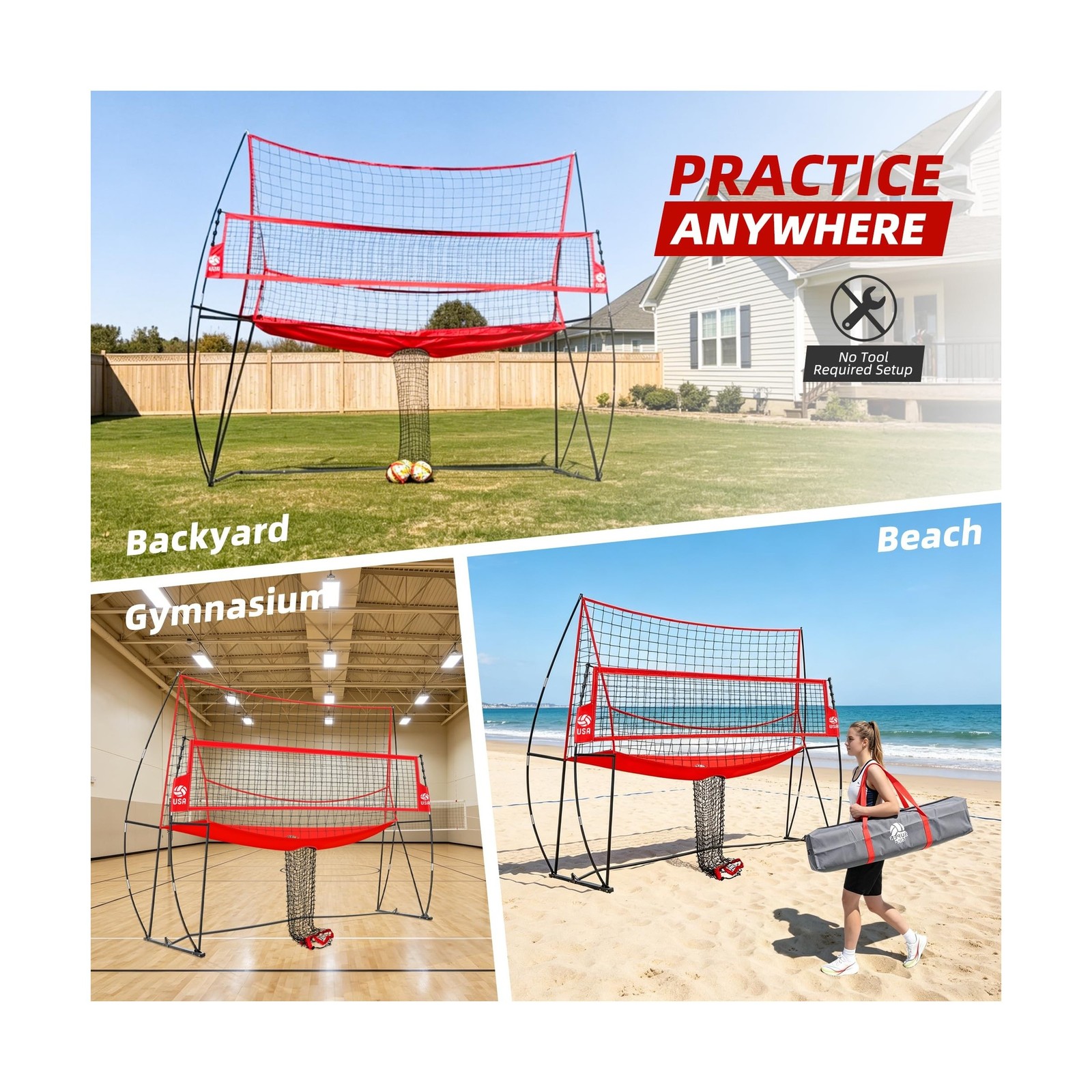 2-in-1 Volleyball Practice Net Station with Patented 5-Height (6’6” to 8′), …