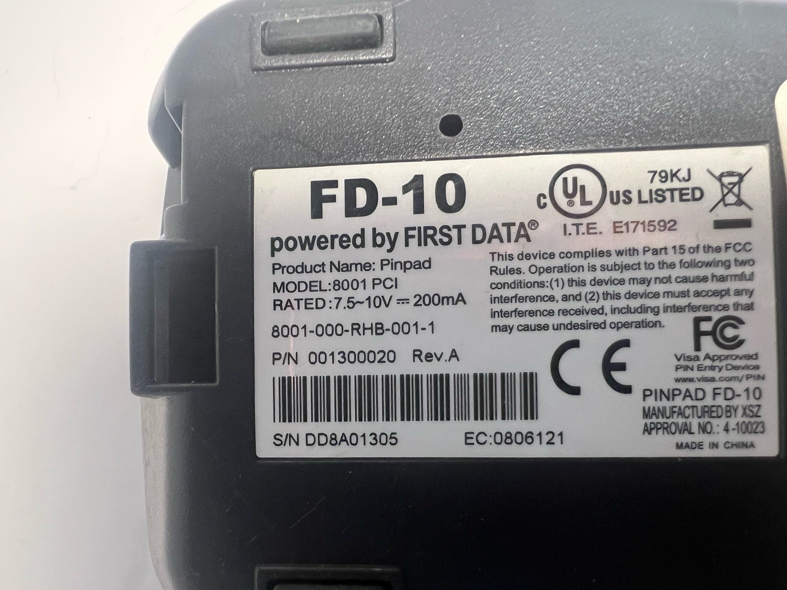 FIRST DATA FD-10 Pin Pad(Serial Port Connection 8001-PCI