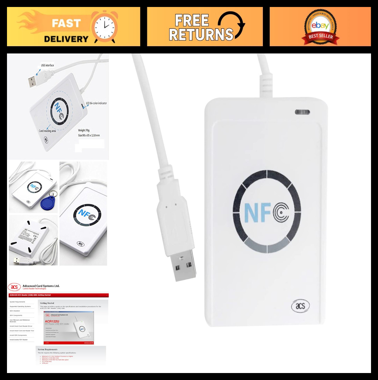 Contactless IC Card Reader Writer USB NFC ACR122U + SDK + Smart Card Access