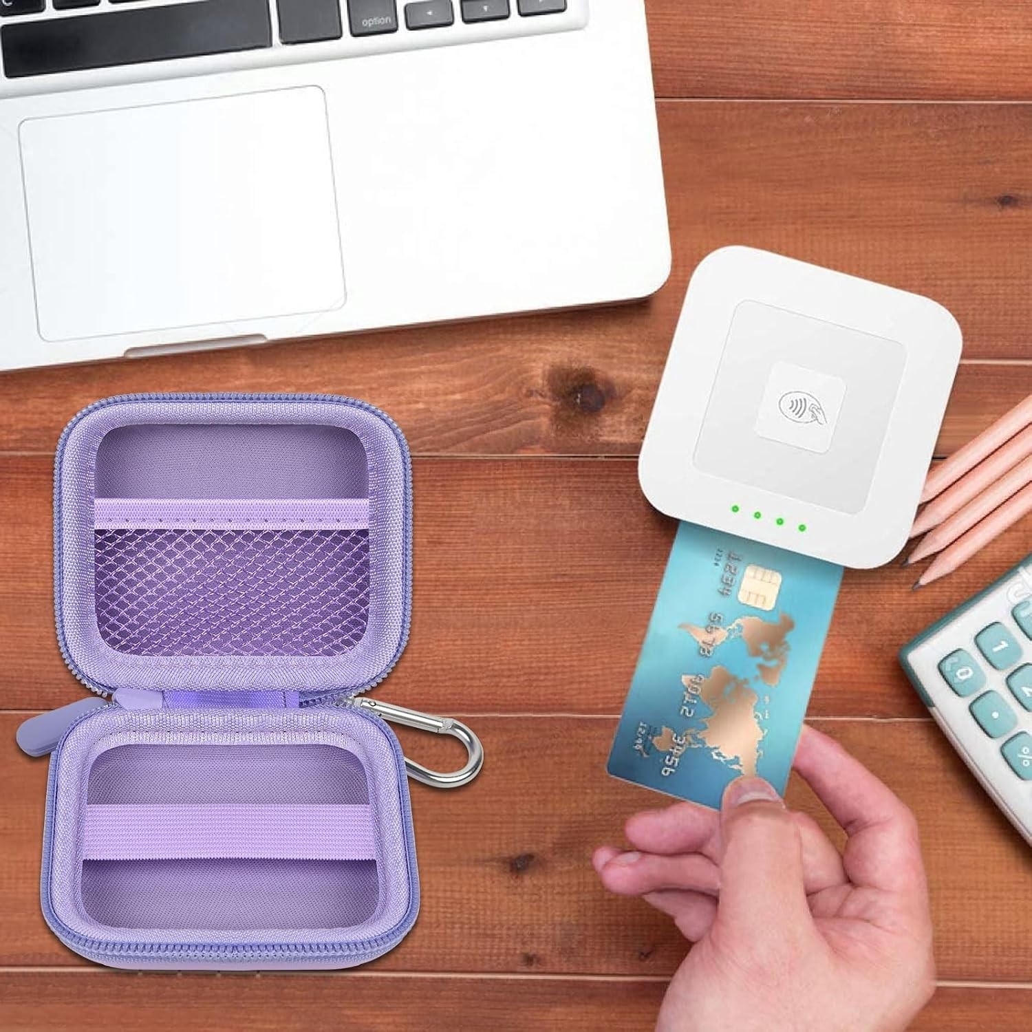 Water-Resistant Portable Chip Card Reader Case with Removable Carabiner – Purple