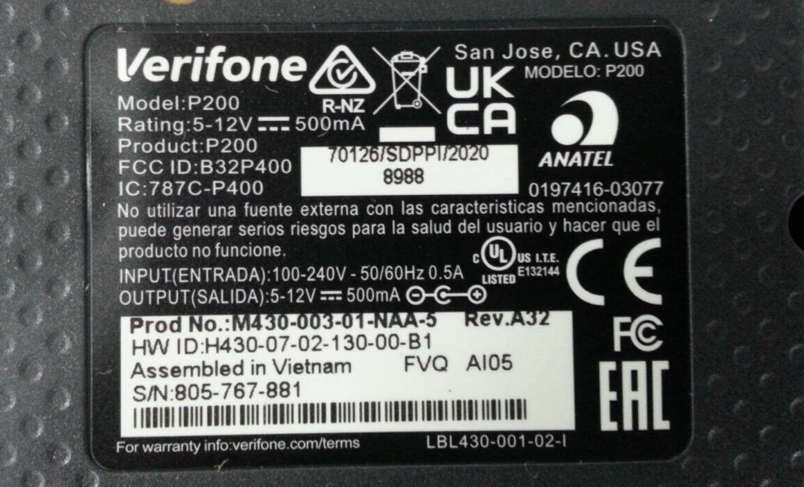 Verifone P200 Point of Sale Pin Pad EMV Credit Card Reader M430-003-01-NAA-5