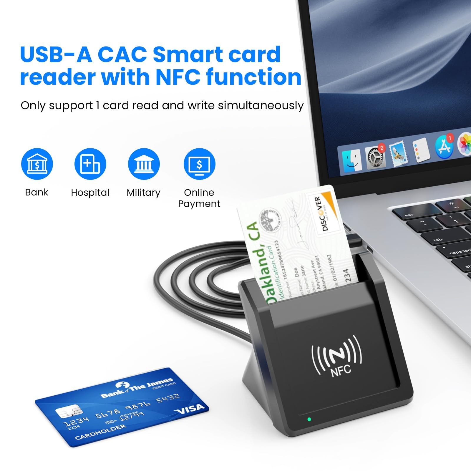 2-in-1 Smart Card Reader NFC USB A C CAC Military DOD ID Bank Chip Card Reader