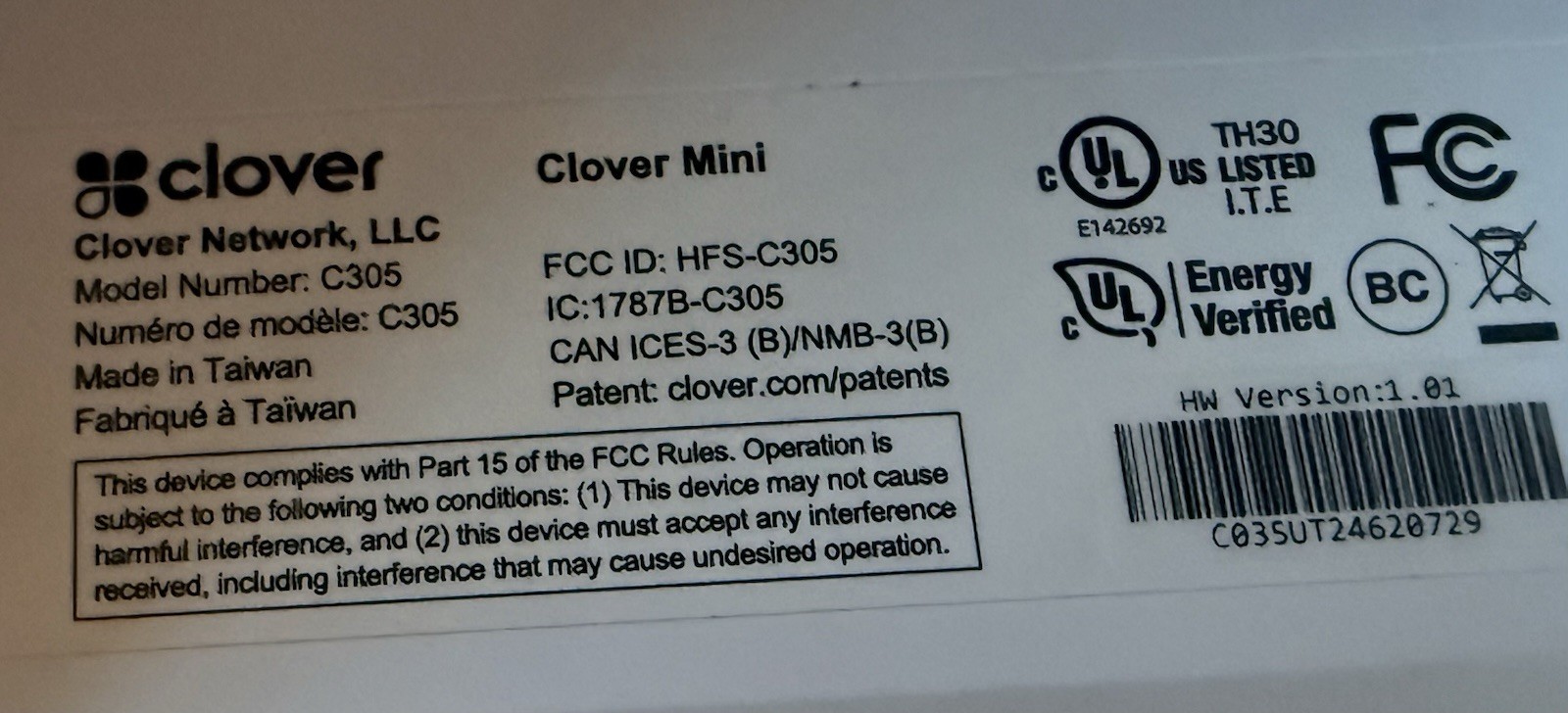 Clover Mini C305 POS System 8″ TouchScreen Credit Card Terminal 1YJ3UZZ002G