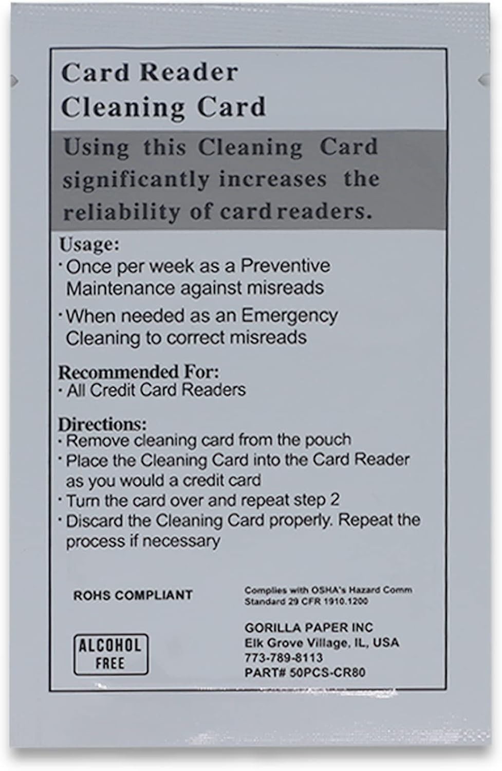 Individually Sealed Alcohol-Free Card Cleaning Cards – 50 pcs for Readers
