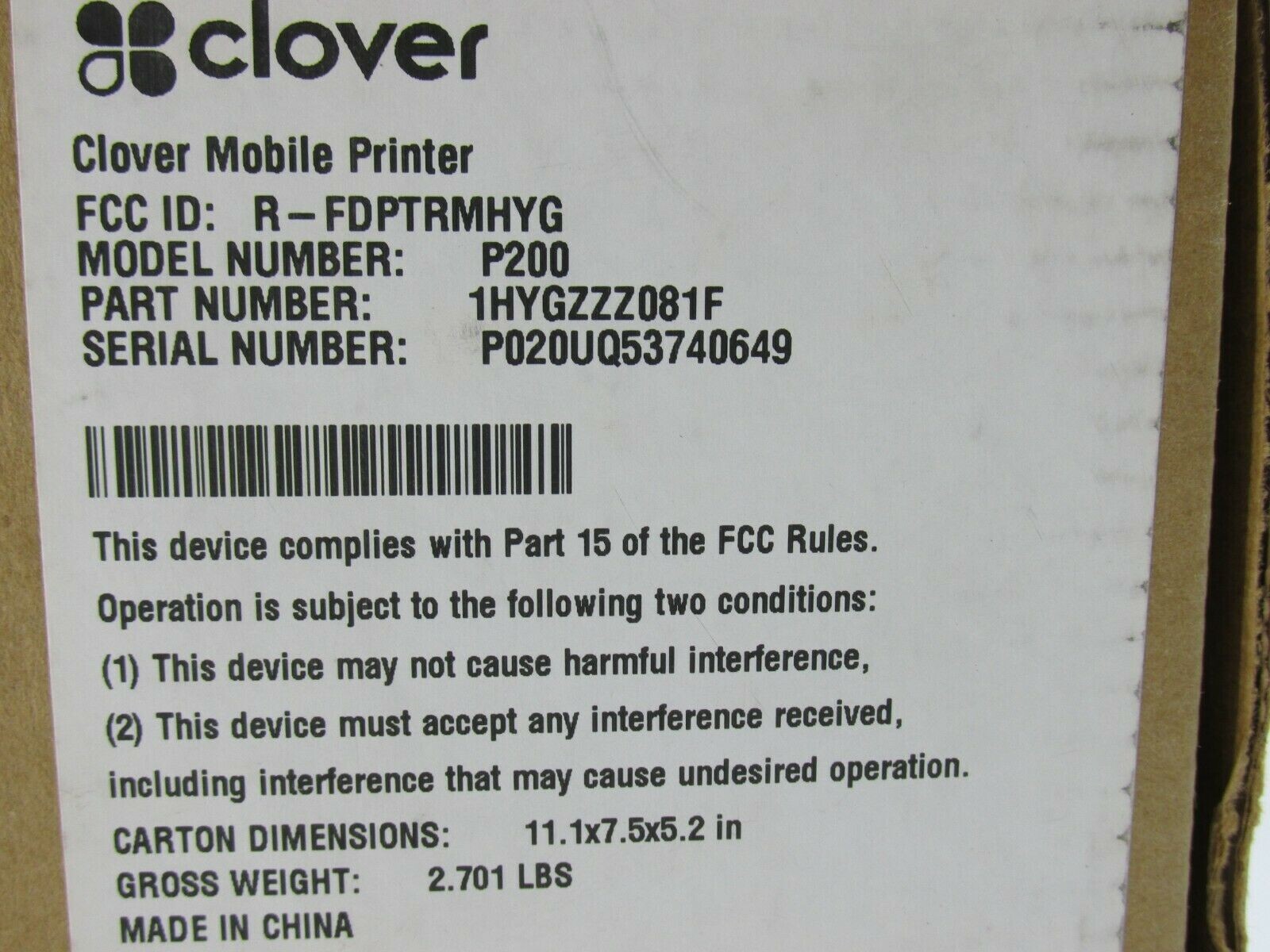 NEW Clover Mobile Printer Model# P200