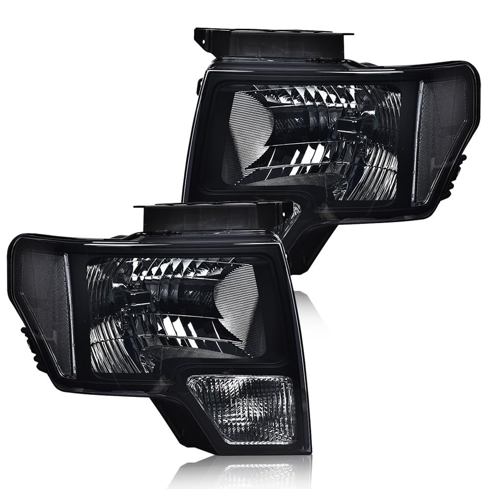 Headlights Pair for Ford F150 2009-2014 Smoky Lens Black Housing Clear Reflector