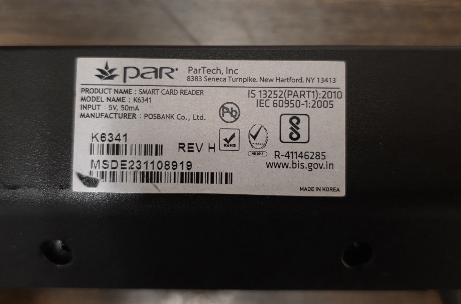 P.O.S. Smart Card Reader K6341 Par Tech Inc.
