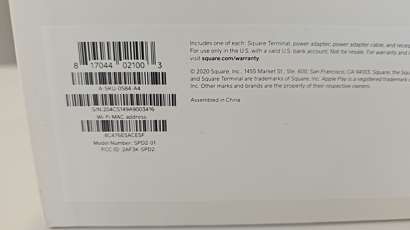 Square Terminal Credit Card Machine – Used in Box SPD2-01 – Good Condition