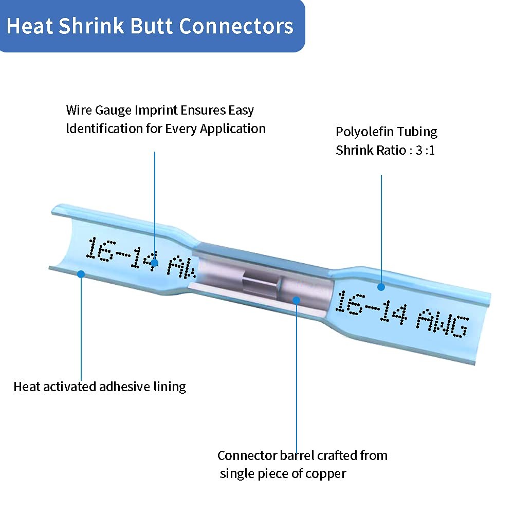 Qizpcer Heat Shrink Butt Connectors, 16-14 AWG 100Pcs Blue Waterproof