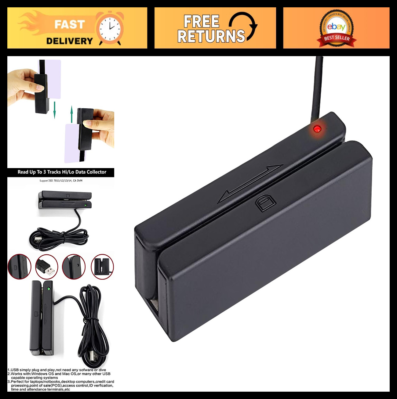 USB Magnetic Stripe Card Reader – 3-Track POS Swiper for Credit/Debit Cards