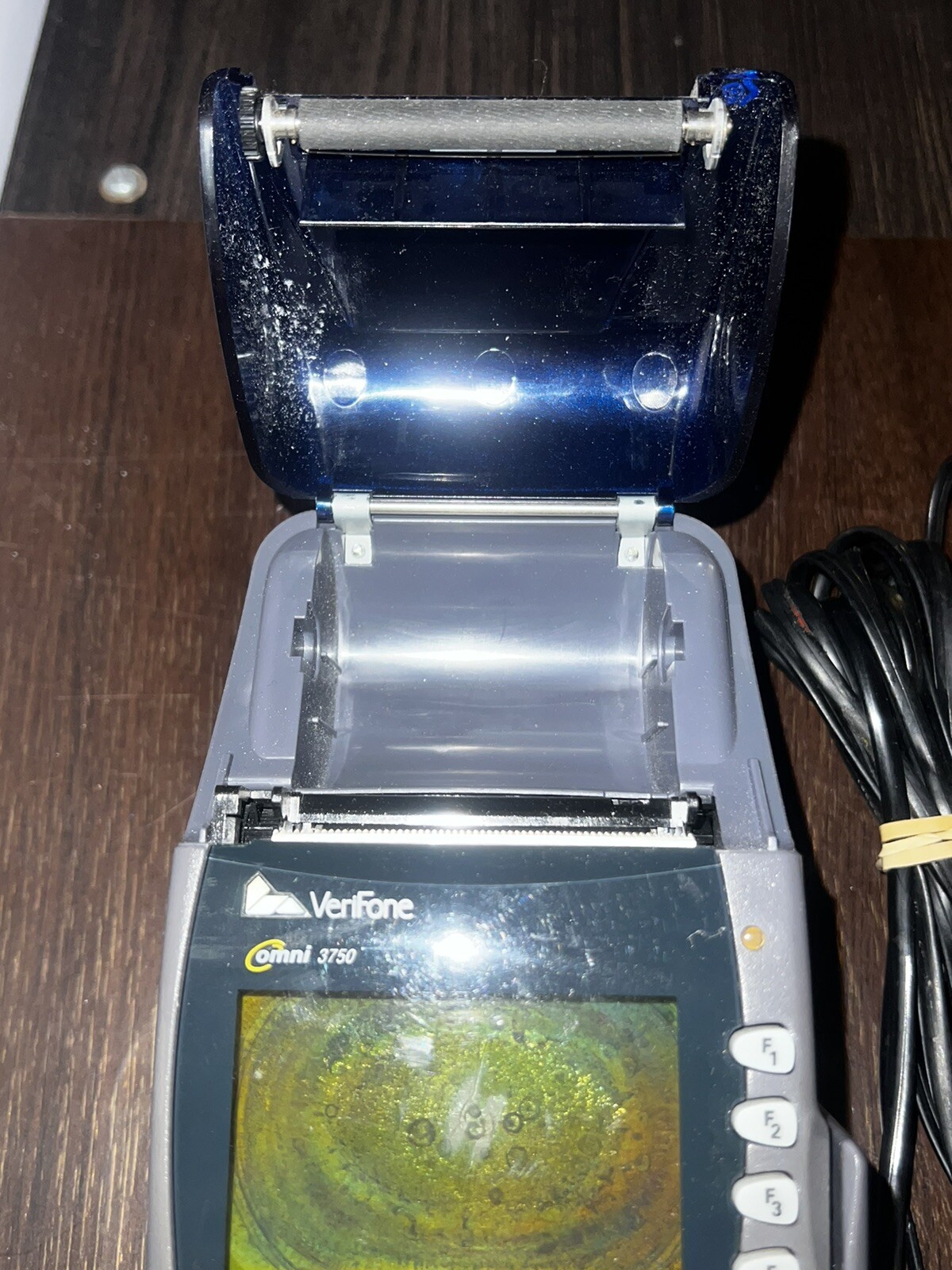 Verifone Omni 3750 Gray & Blue Wired Digital POS W/ Ethernet Cable + Paper Roll