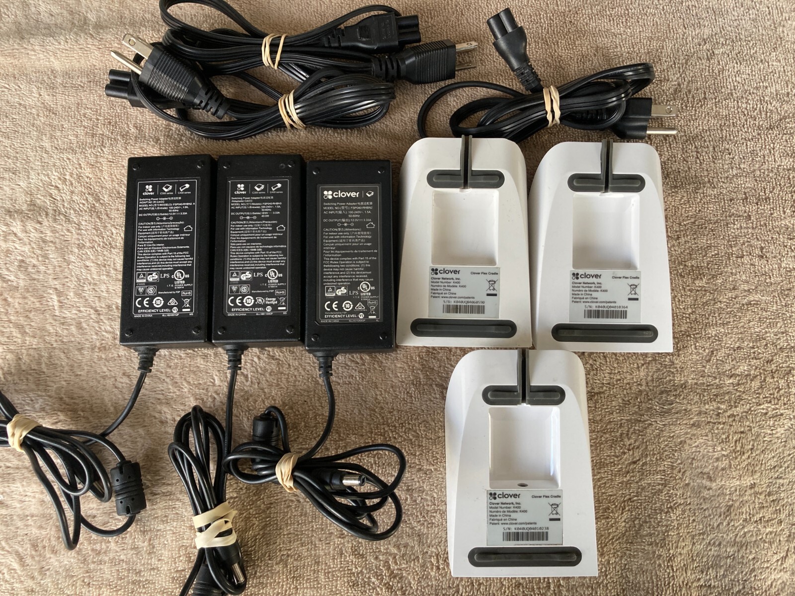 Lot of (3) Clover Flex K400 Charging Cradles Base plus Power Supply.