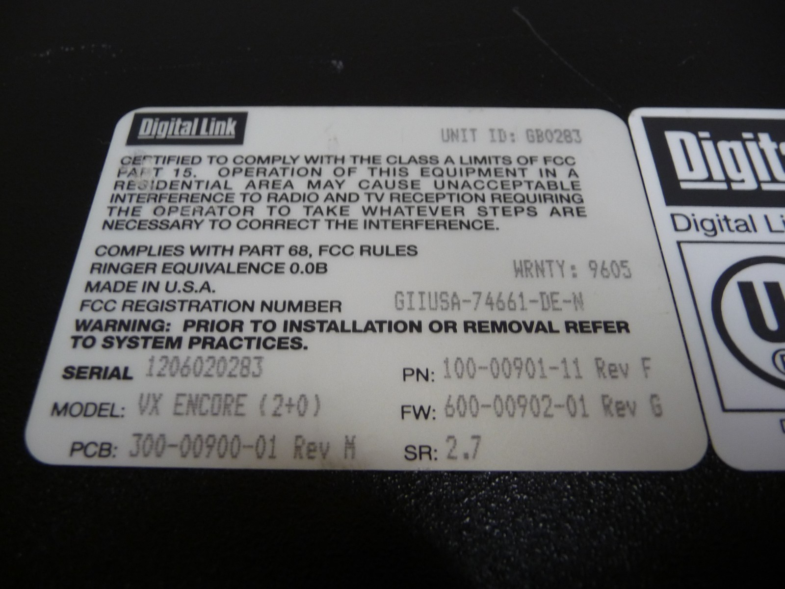 DIGITAL LINK VX ENCORE T1 DSU/CSU PN:100-00901-11 REV F