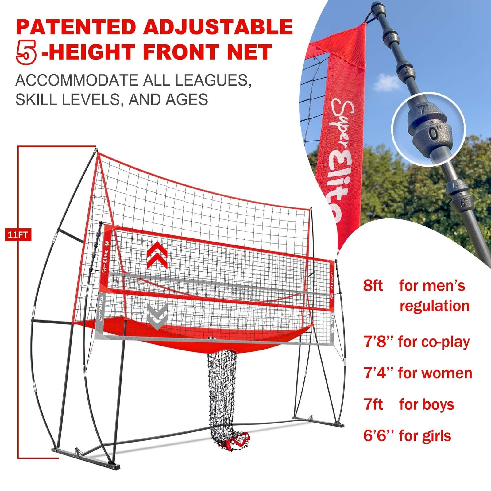 2-in-1 Volleyball Practice Net Station with Patented 5-Height (6’6” to 8′), …