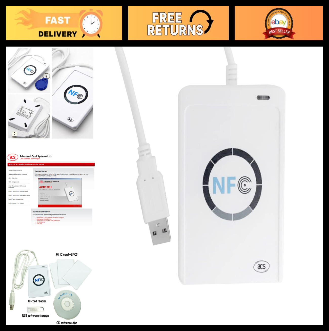 Contactless IC Card Reader Writer USB, NFC ACR122U, SDK & IC Card Included