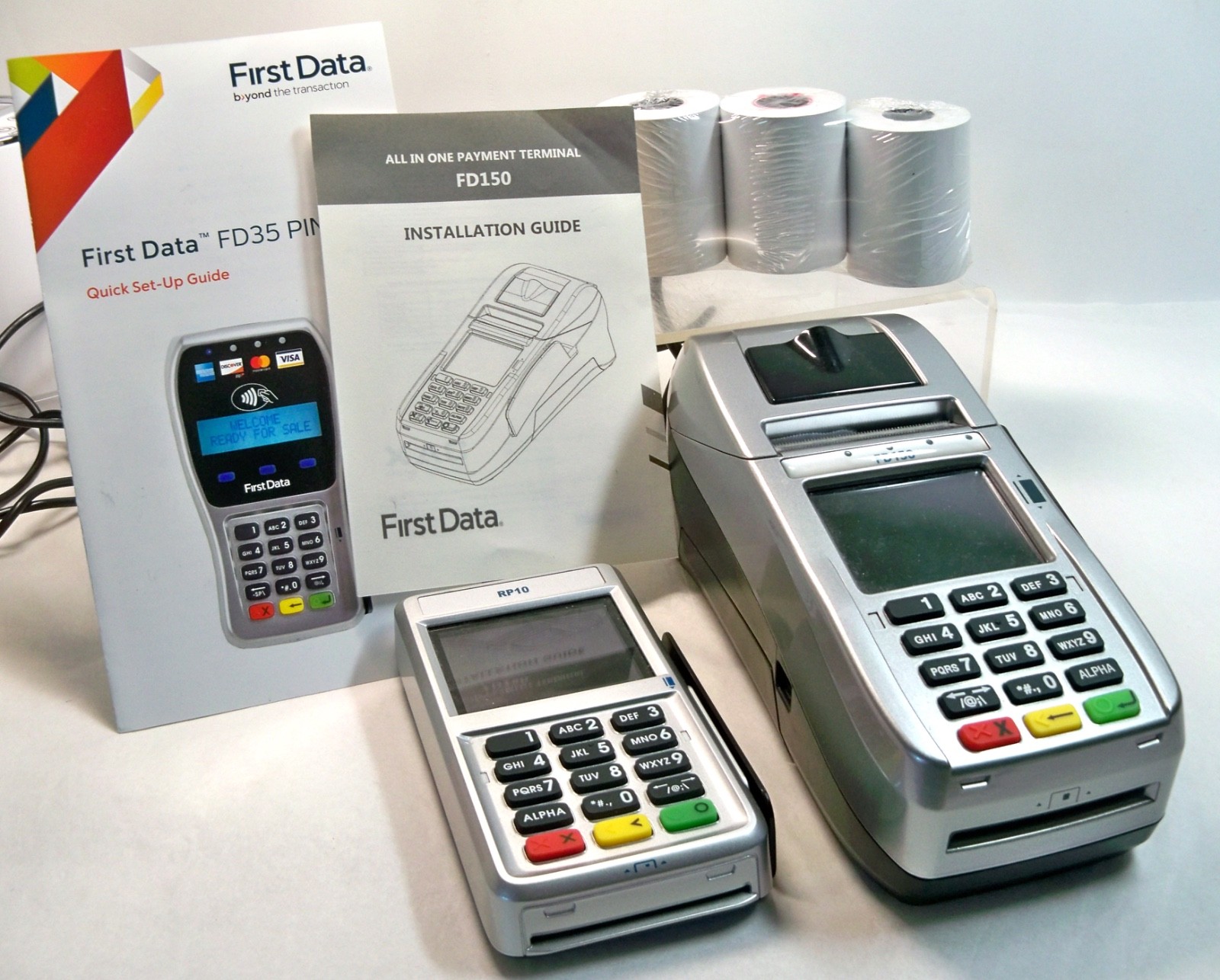 First Data FD150 Credit Card Machine with RP10 Pin Pad & More ~ Works Great!