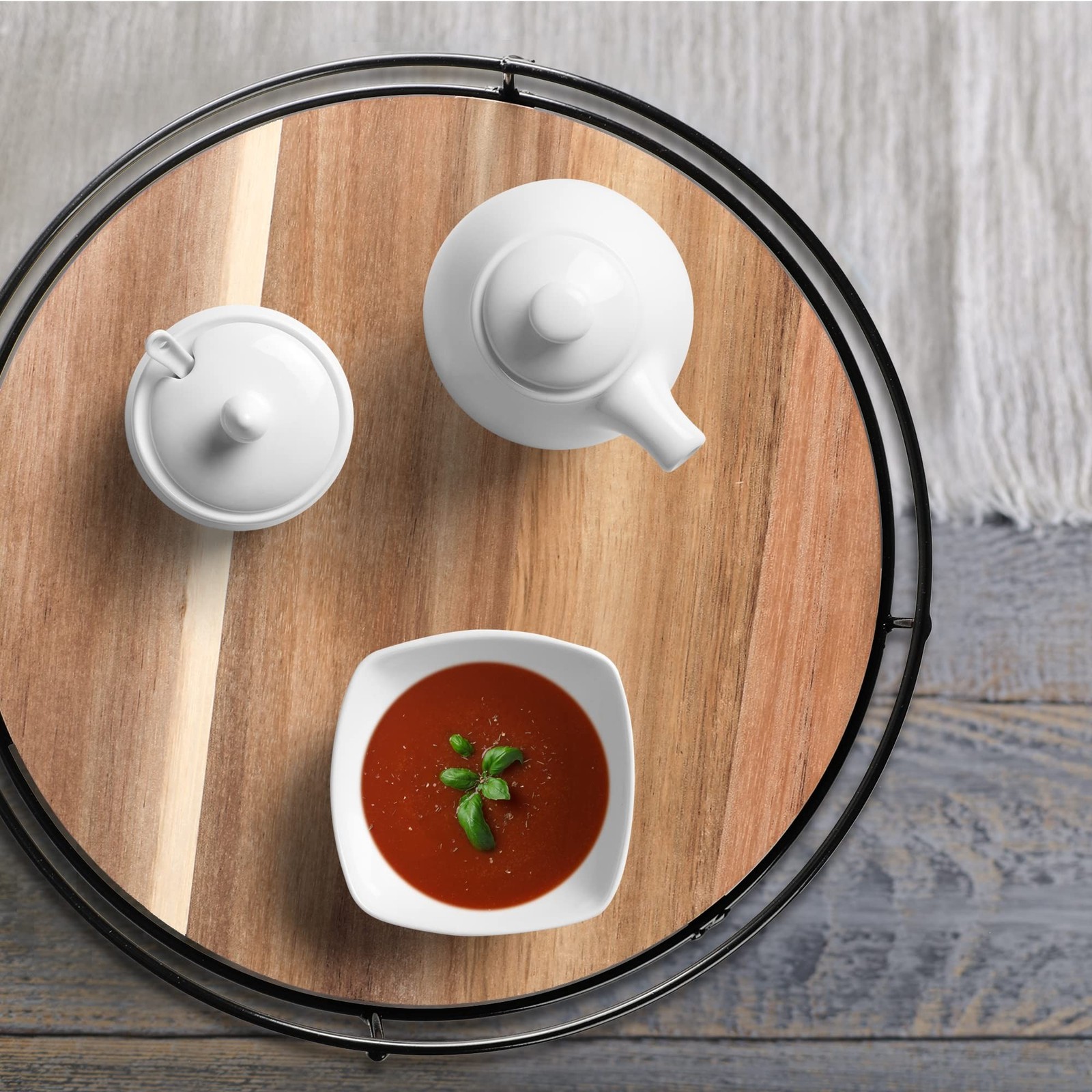 [ 2 Pack ] 9″ & 10″ Acacia Wood Lazy Susan Organizers with Steel Sides 9″ & 10″