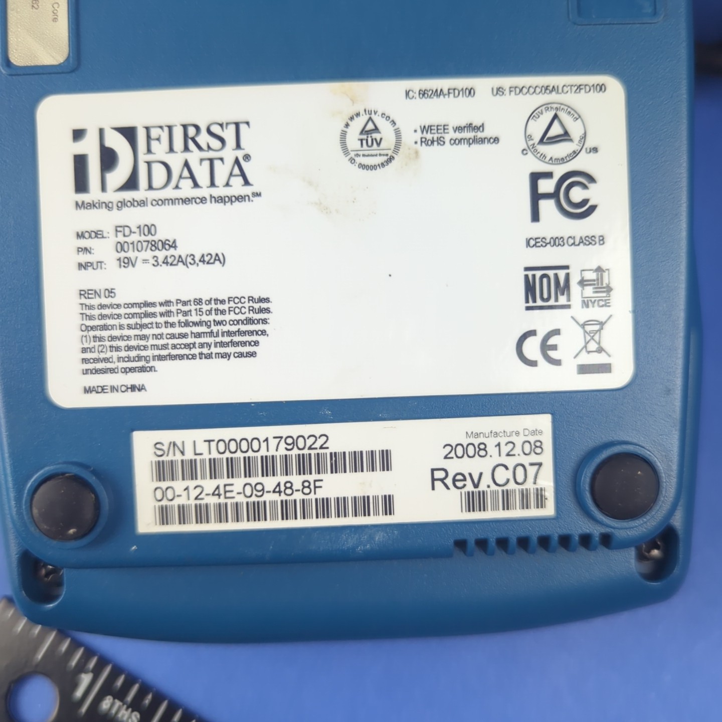 First Data FD100 Credit Card Reader Receipt Terminal w/ Power Source Adaptor