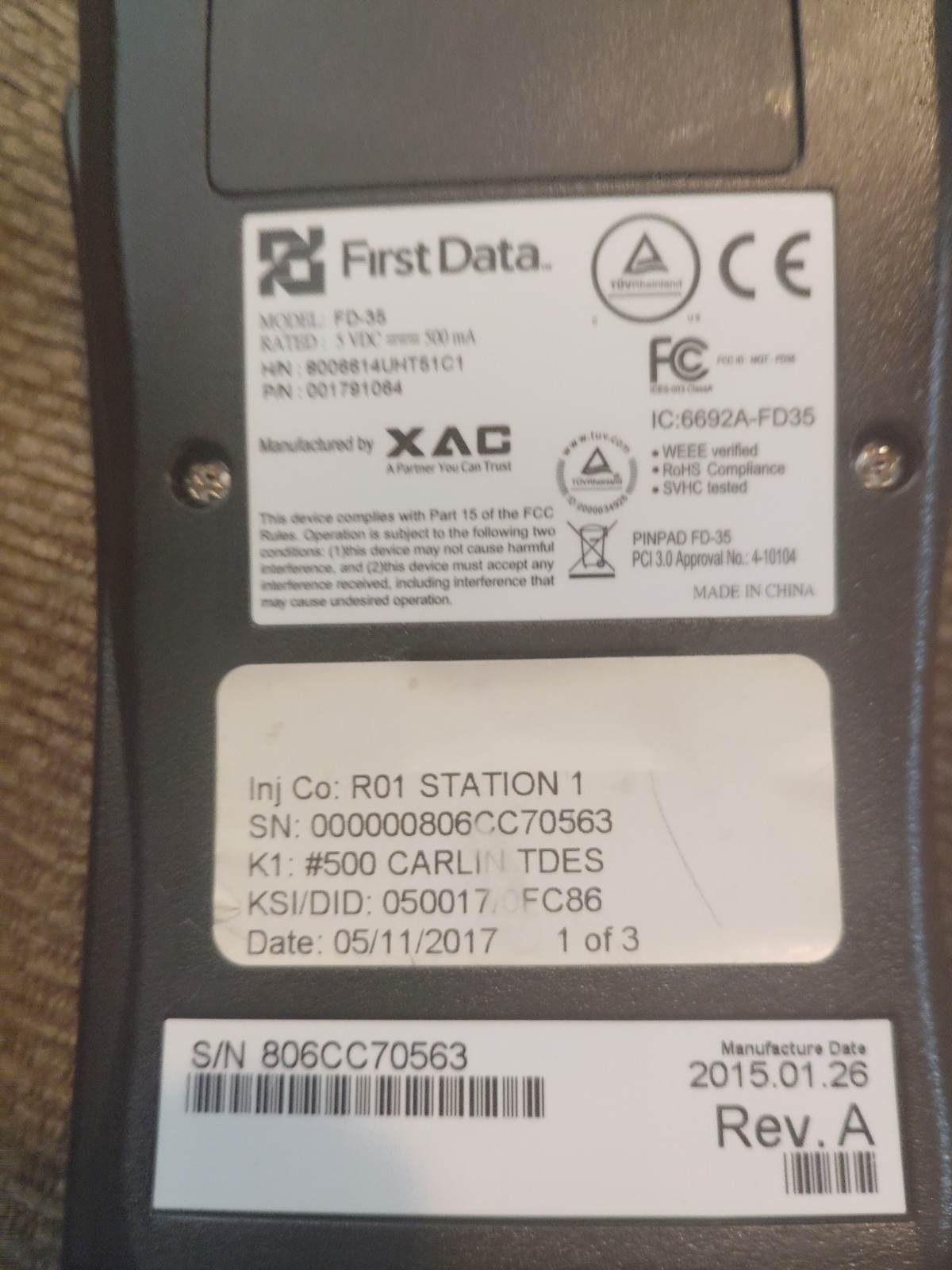 First Data FD-35 Pin Pad Credit Card Reader( Powers On Untested)
