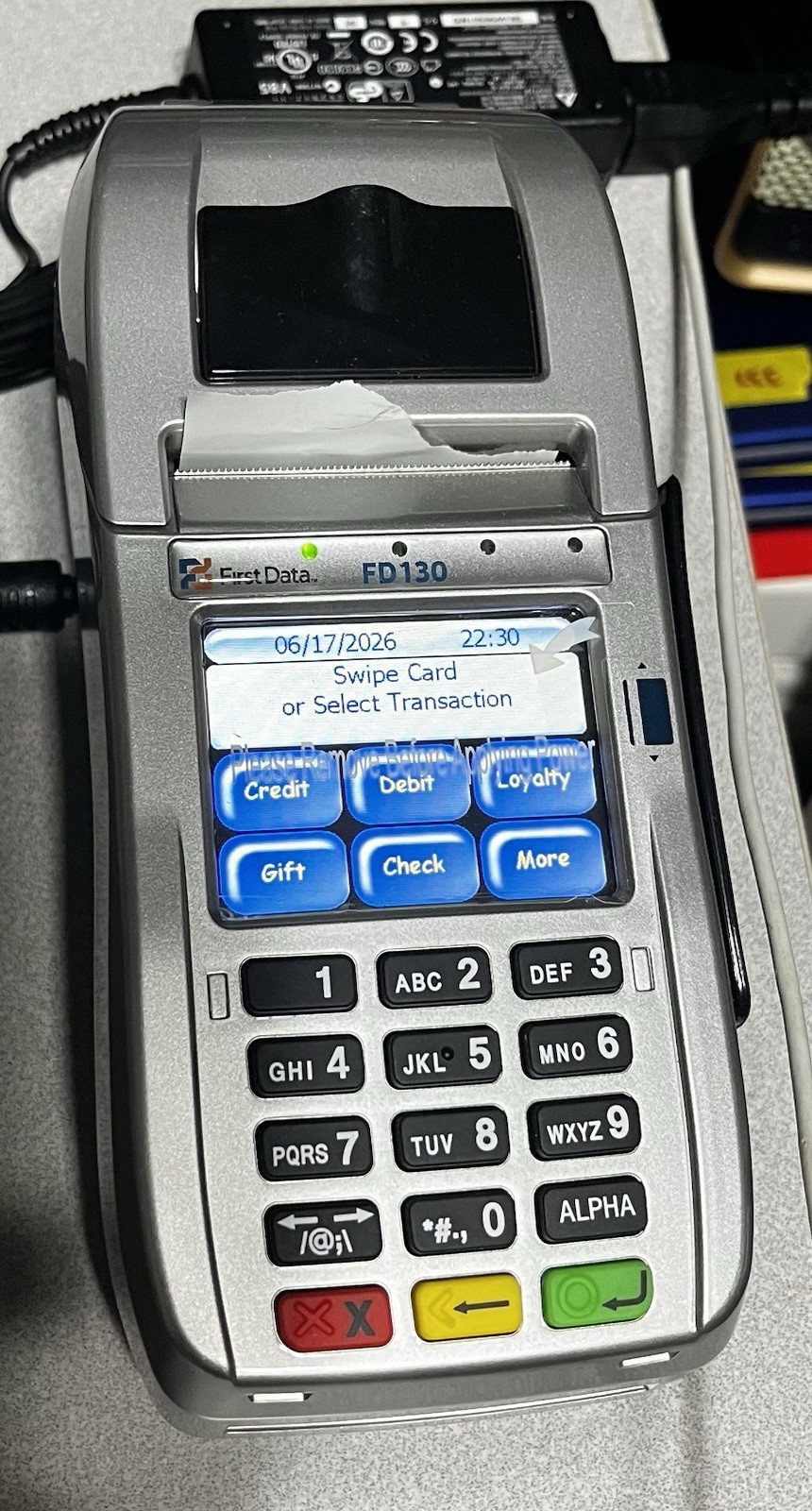 New No Box First Data FD130 Credit Card Machine Duo Method w/Power Supply, Paper