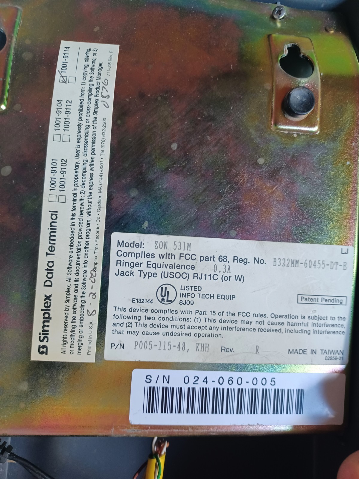 Simplex Data Terminal ZON Series ZON 531M Wired Data Terminal P005-115-48