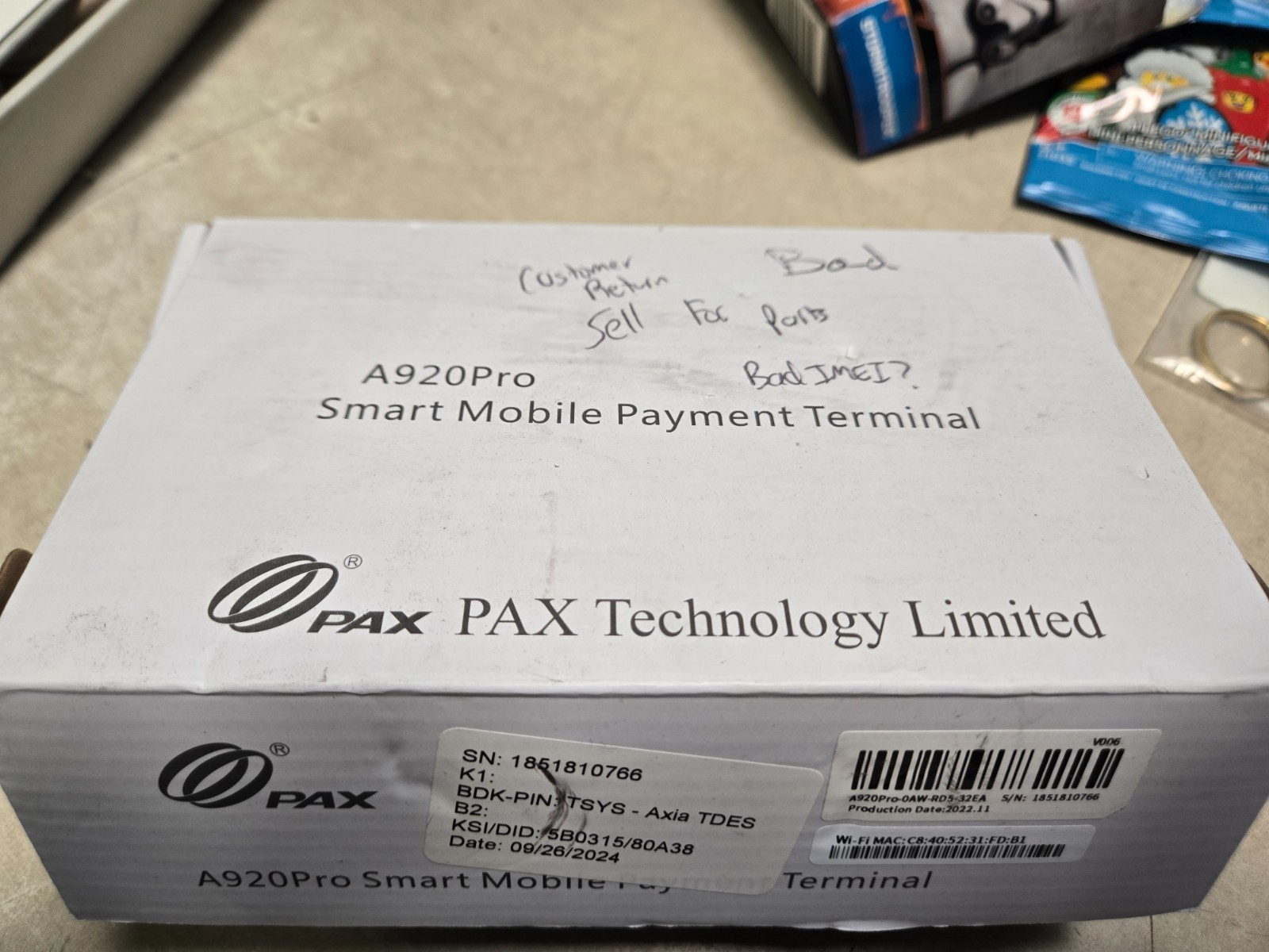 PAX A920 Pro Smart Mobile Payment system AS IS FOR PARTS- READ!