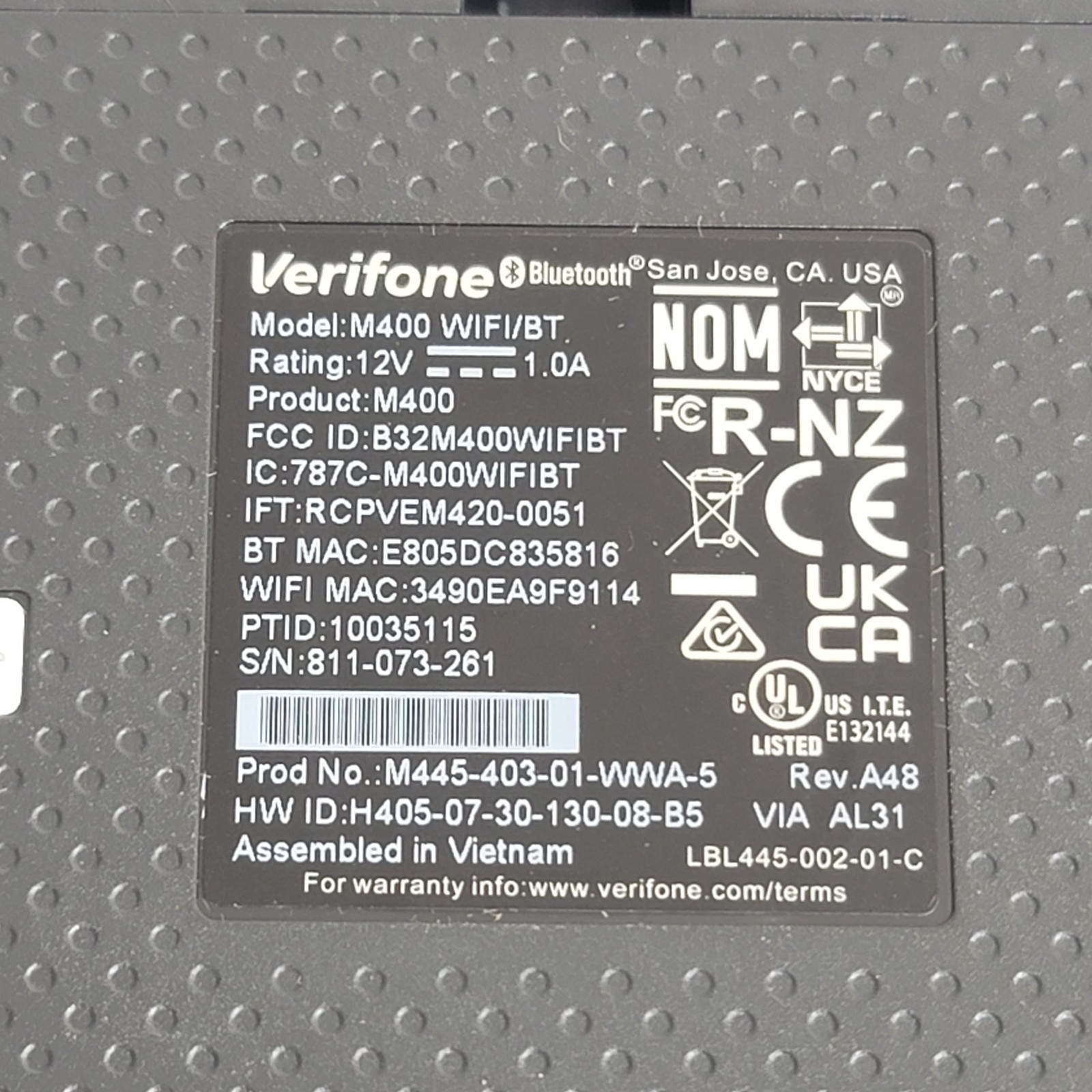 VERIFONE M400 WIFI/BT (PCI5) M445-403-01-WWA-5 CREDIT CARD TERMINAL * NEW