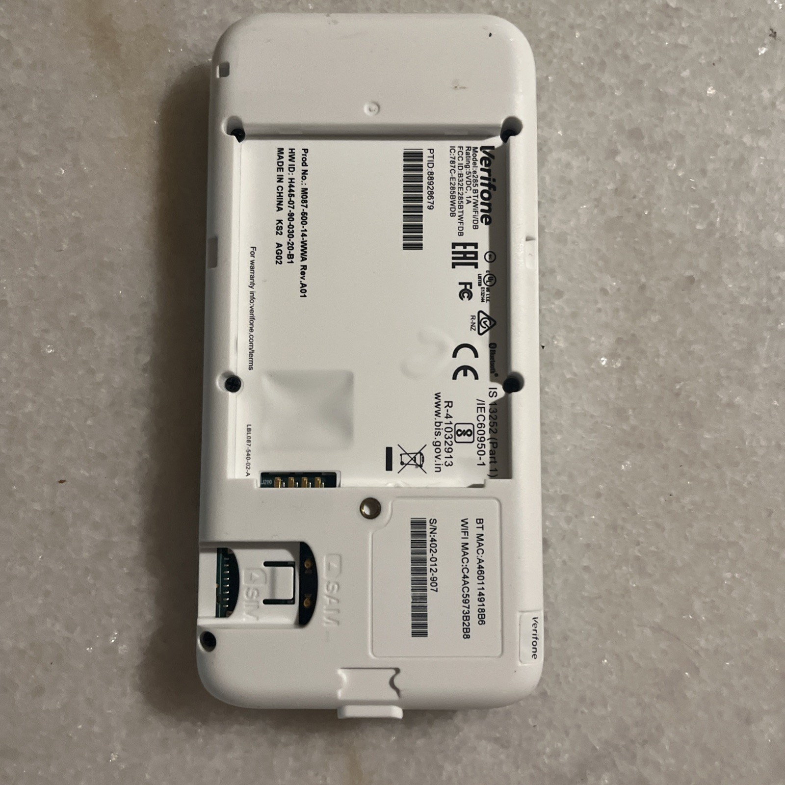 Verifone E285 M087-500-14-WWA Mobile Payment Device Wi-Fi/BT 512MB