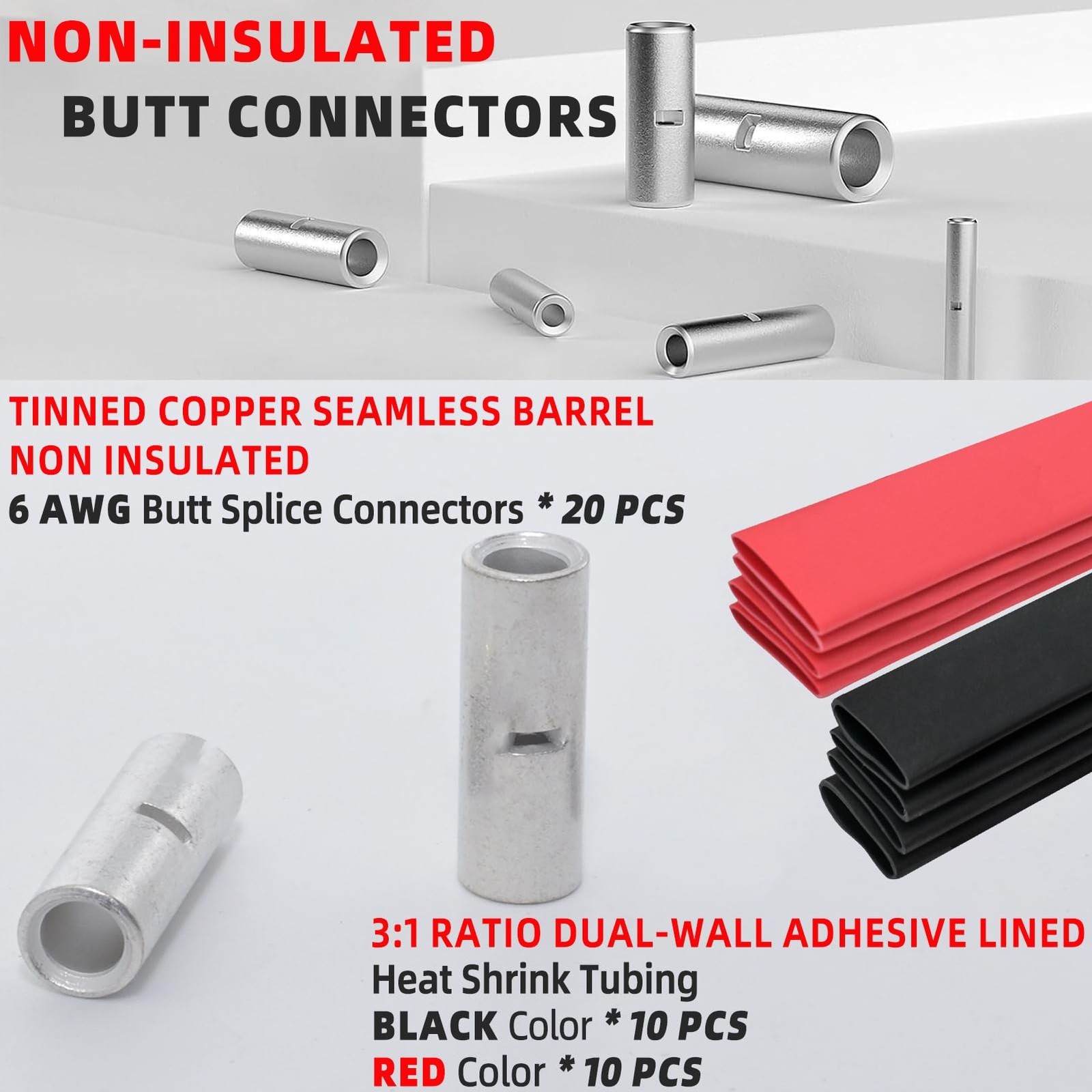 BAALA 20 PCS 6 Gauge Non-Insulated Butt Connectors Kit Tinned Copper, 20PCS S…