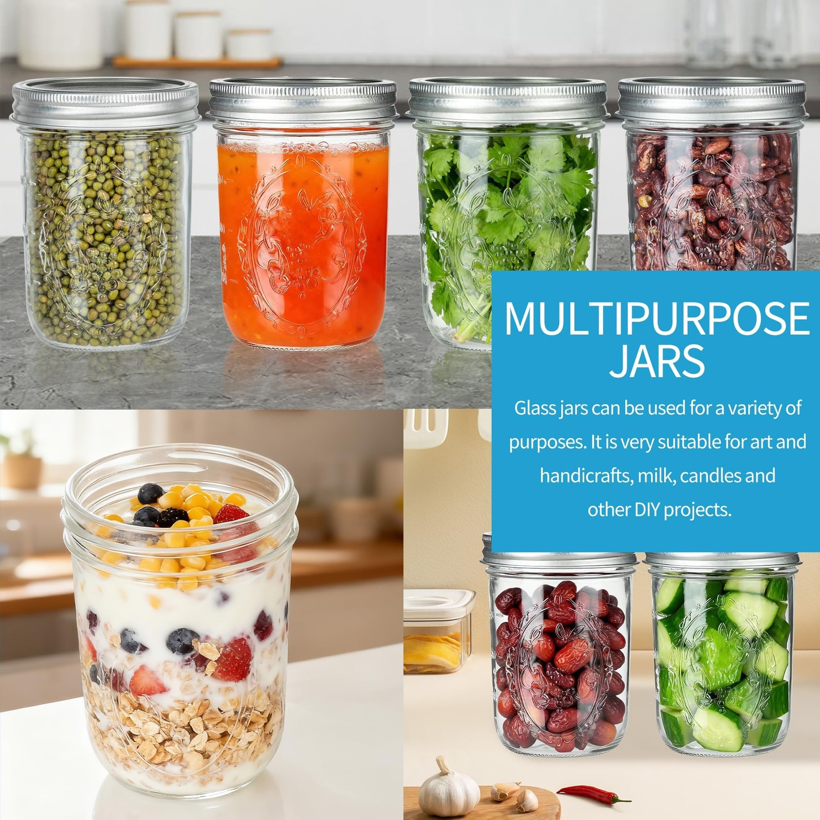 P&C GOODS Wide Mouth Mason Jars 16 oz with Lids 8 Pack, Canning Jars with Met…