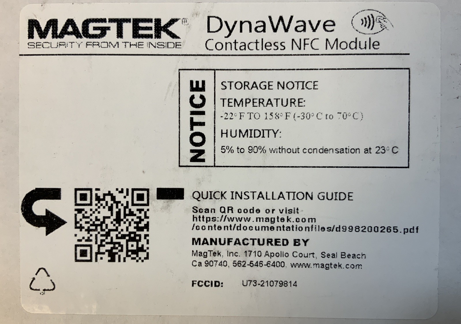 MagTek DynaWave USB NFC Contactless OEM Card Reader Module PN: 21079856 NS-Z4C