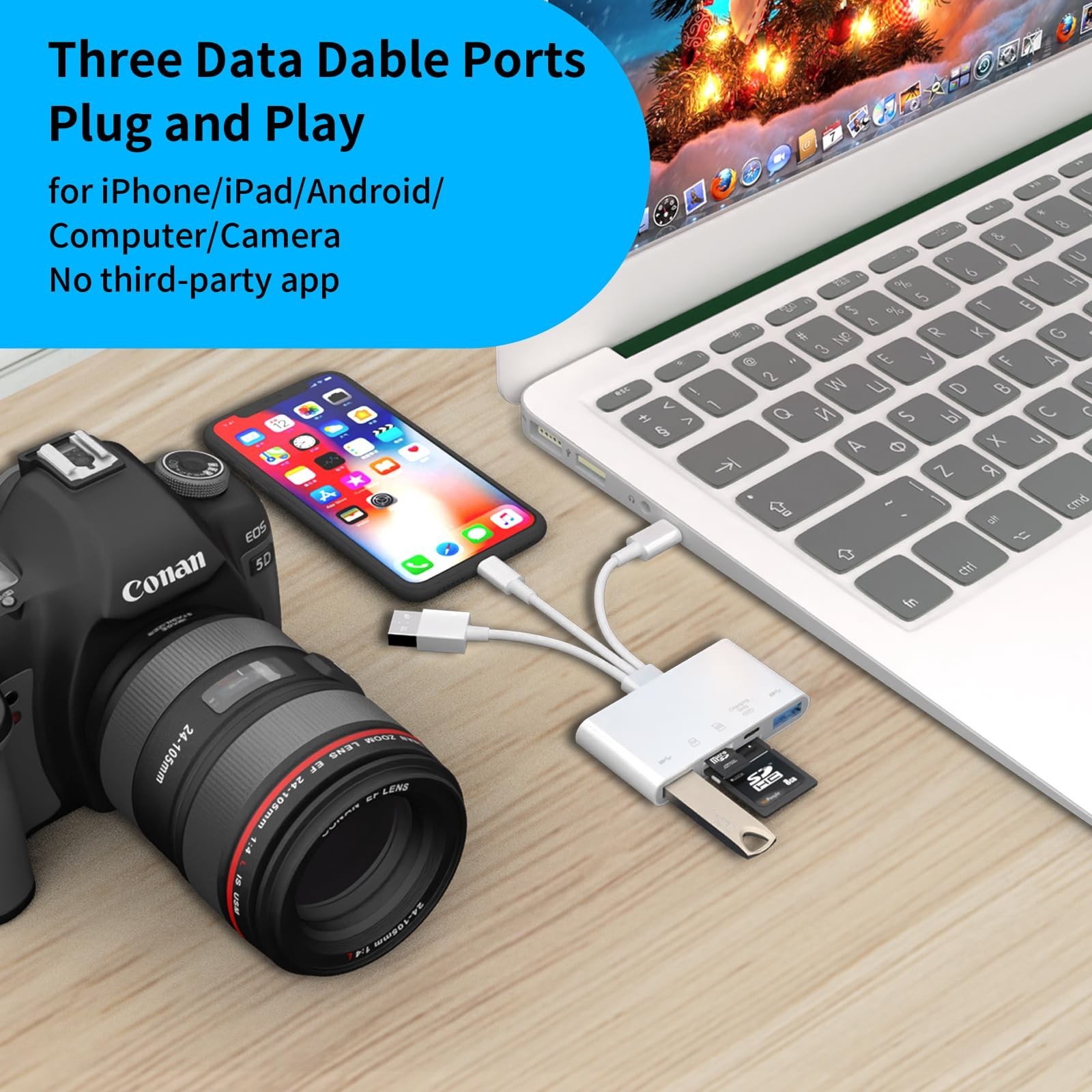 5-in-1 SD Card Reader for Phone,Memory Card Reader&USB OTG Adapter white