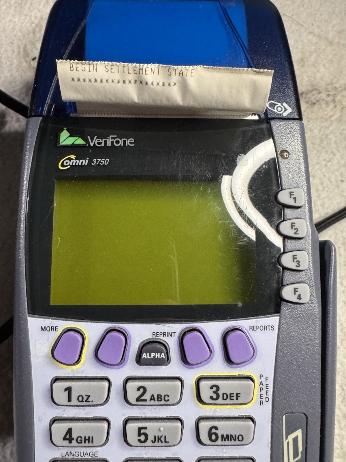 Verifone Omni 3750 Gray & Blue Wired Digital POS W/ Ethernet Cable + Paper Roll