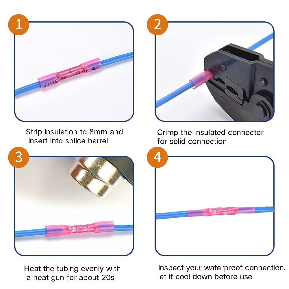 Qizpcer Heat Shrink Butt Connectors, 26-24 AWG 100 Pcs Clear Marine Grade
