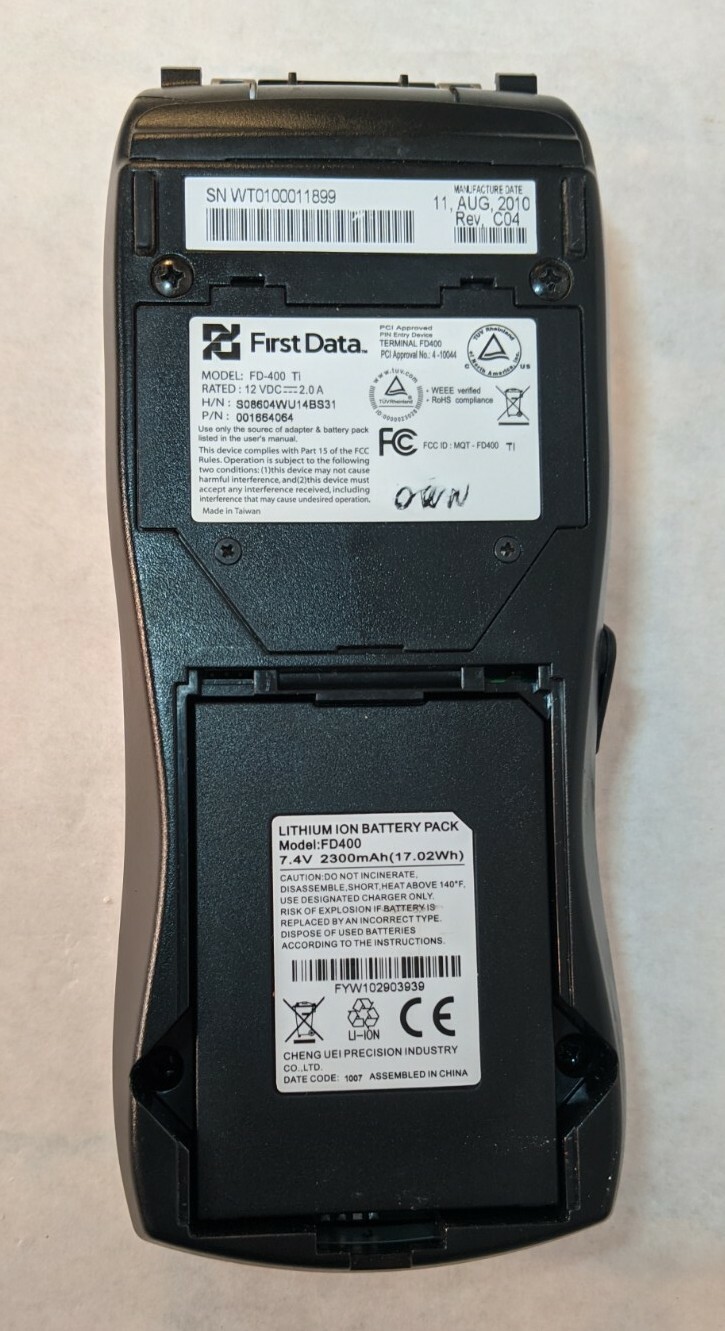 First Data FD400Ti Wireless Credit Card Machine Battery Power Cord