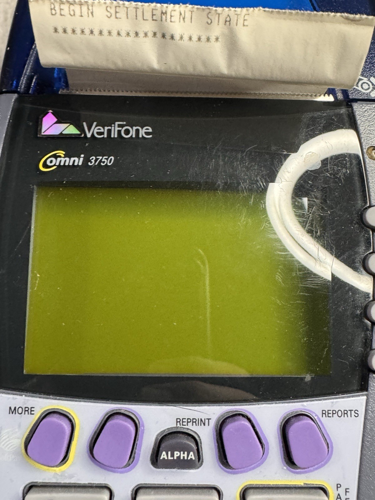 Verifone Omni 3750 Gray & Blue Wired Digital POS W/ Ethernet Cable + Paper Roll